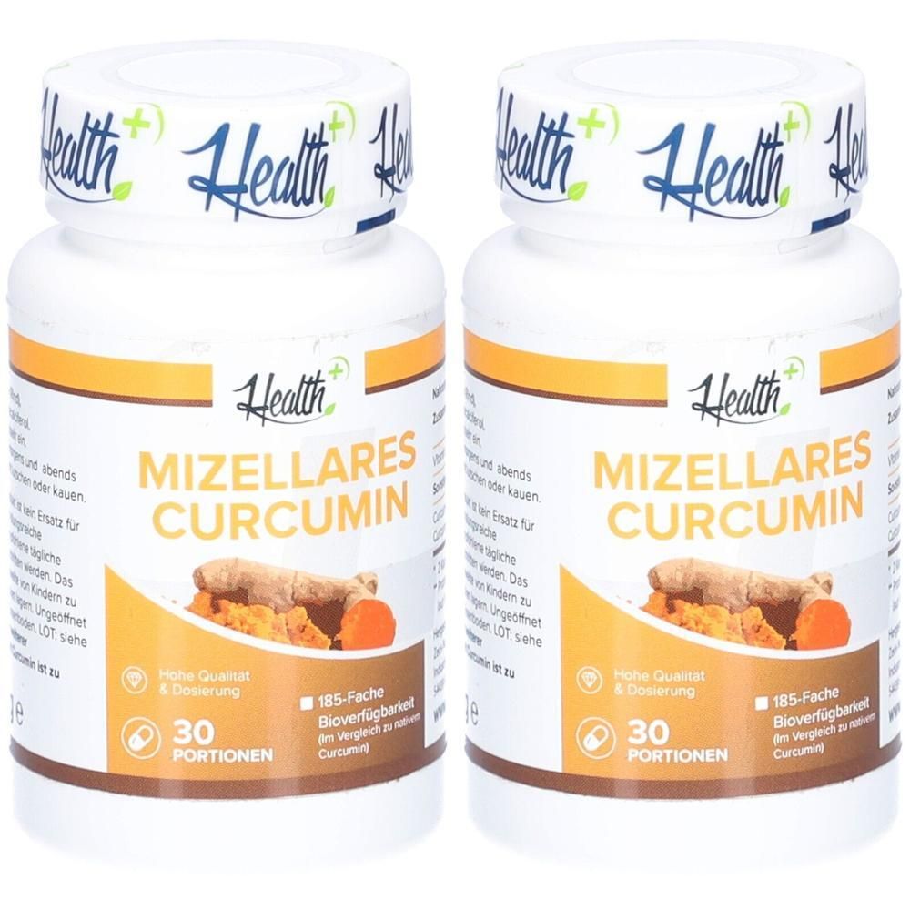 Zwei weiße Flaschen mit gelben Etiketten. Aufschrift: Mizellares Curcumin, Health+. Enthält 30 Portionen. 185-fache Bioverfügbarkeit.