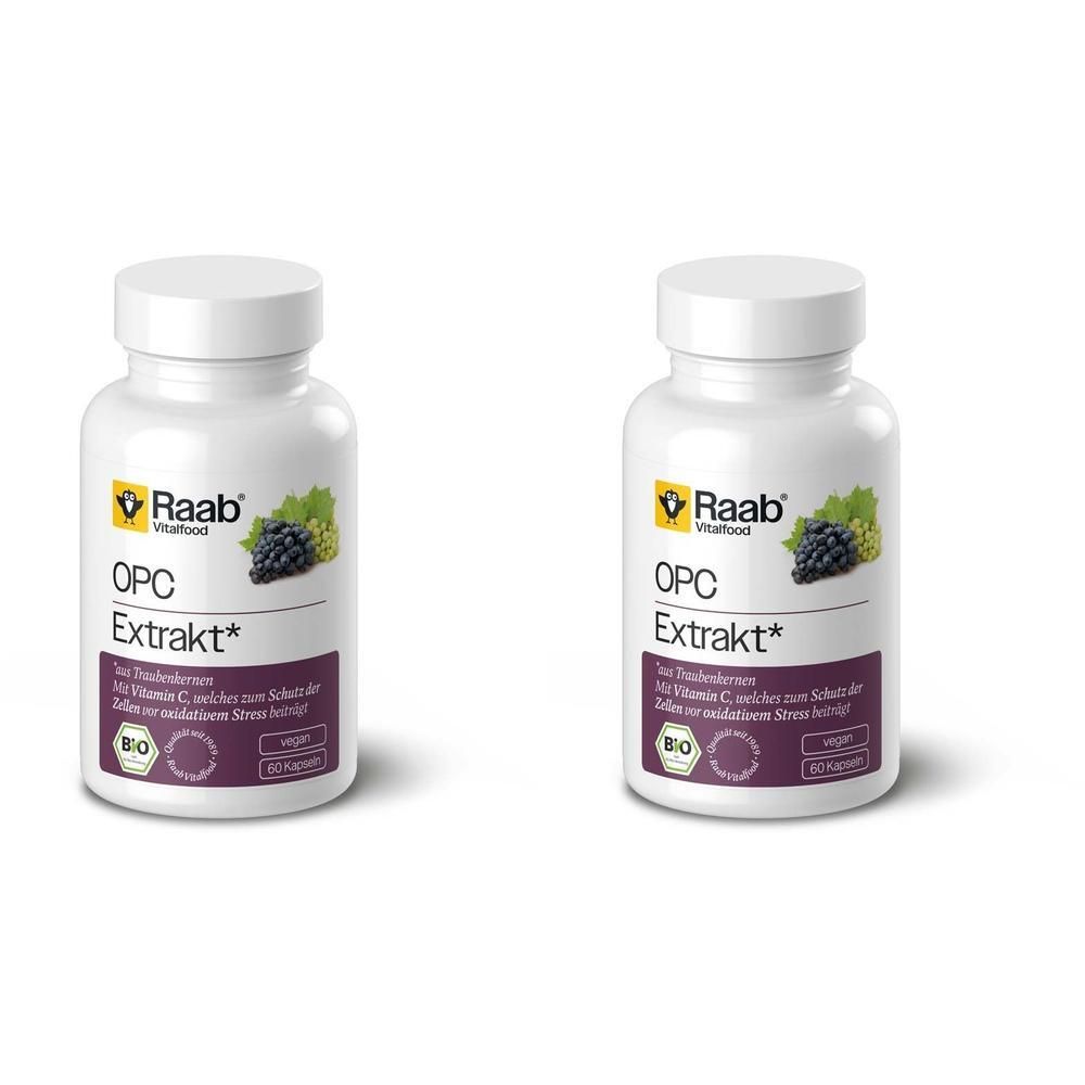 Zwei weiße Flaschen mit OPC Extrakt Kapseln. Aufschrift: Raab Vitalfood, OPC Extrakt, Bio. Trauben-Abbildung.