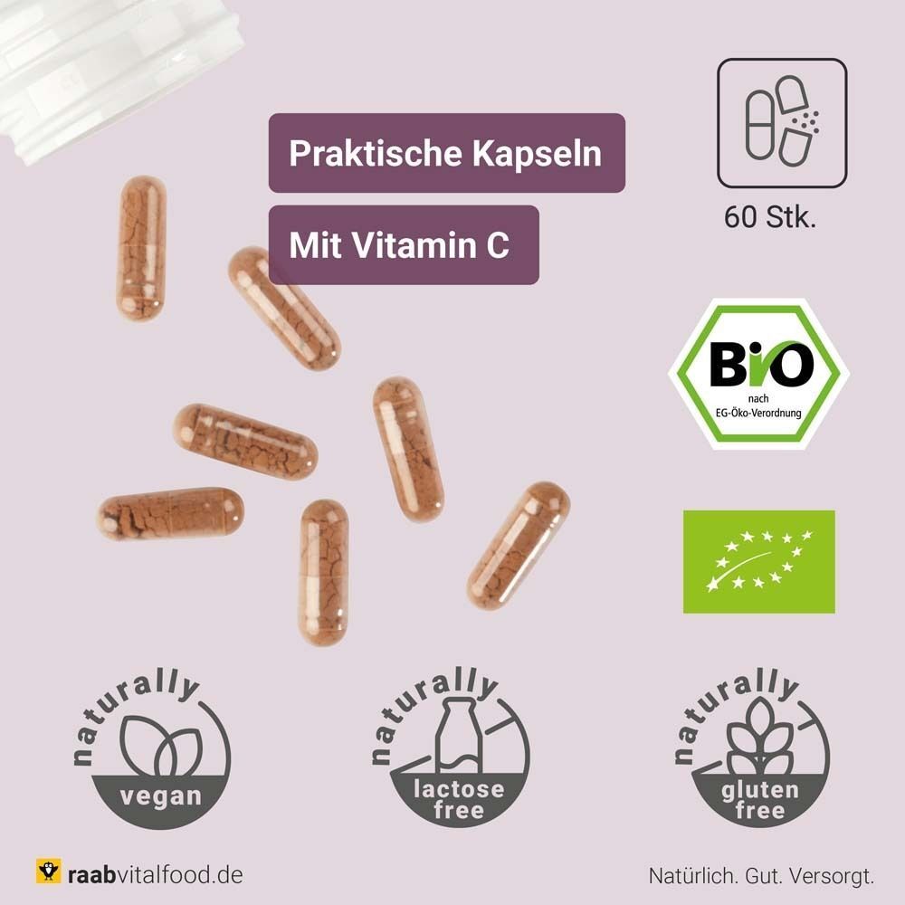 Braune Kapseln mit Vitamin C. Aufschrift: Praktische Kapseln. Logos: Bio, Vegan, Glutenfrei, Laktosefrei. 60 Stk.