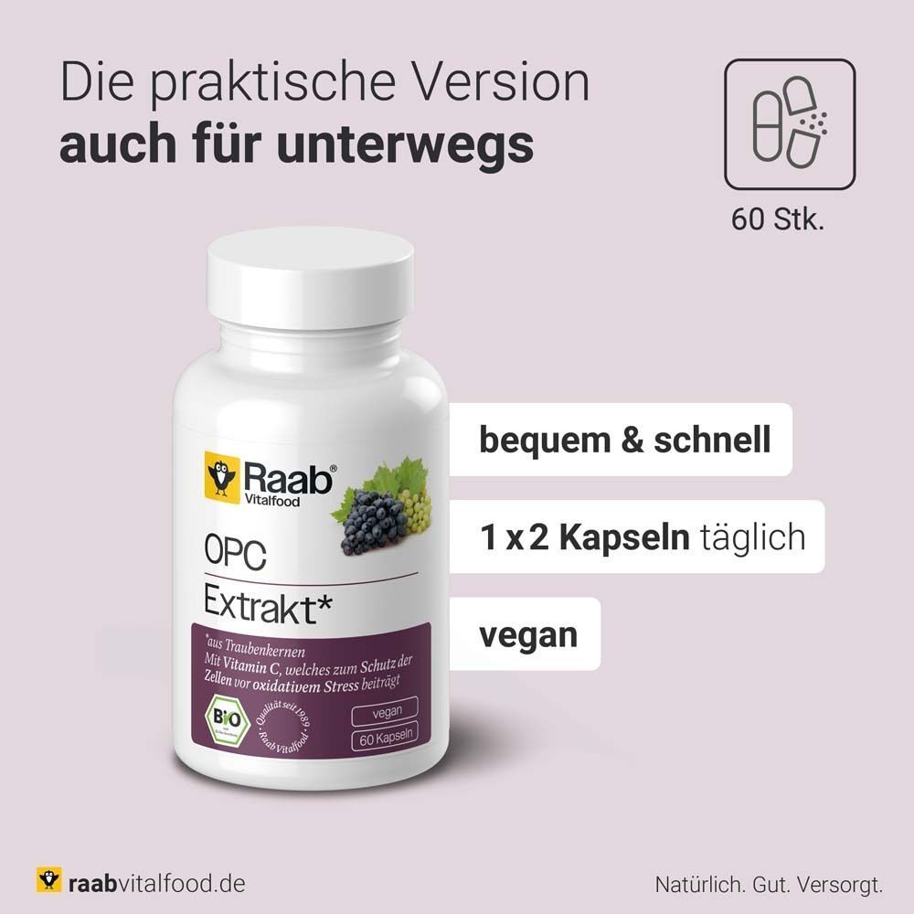 Weiße Flasche mit OPC Extrakt Kapseln. Aufschrift: Raab Vitalfood, OPC Extrakt, Bio. 60 Kapseln. Text: 1x2 Kapseln täglich.