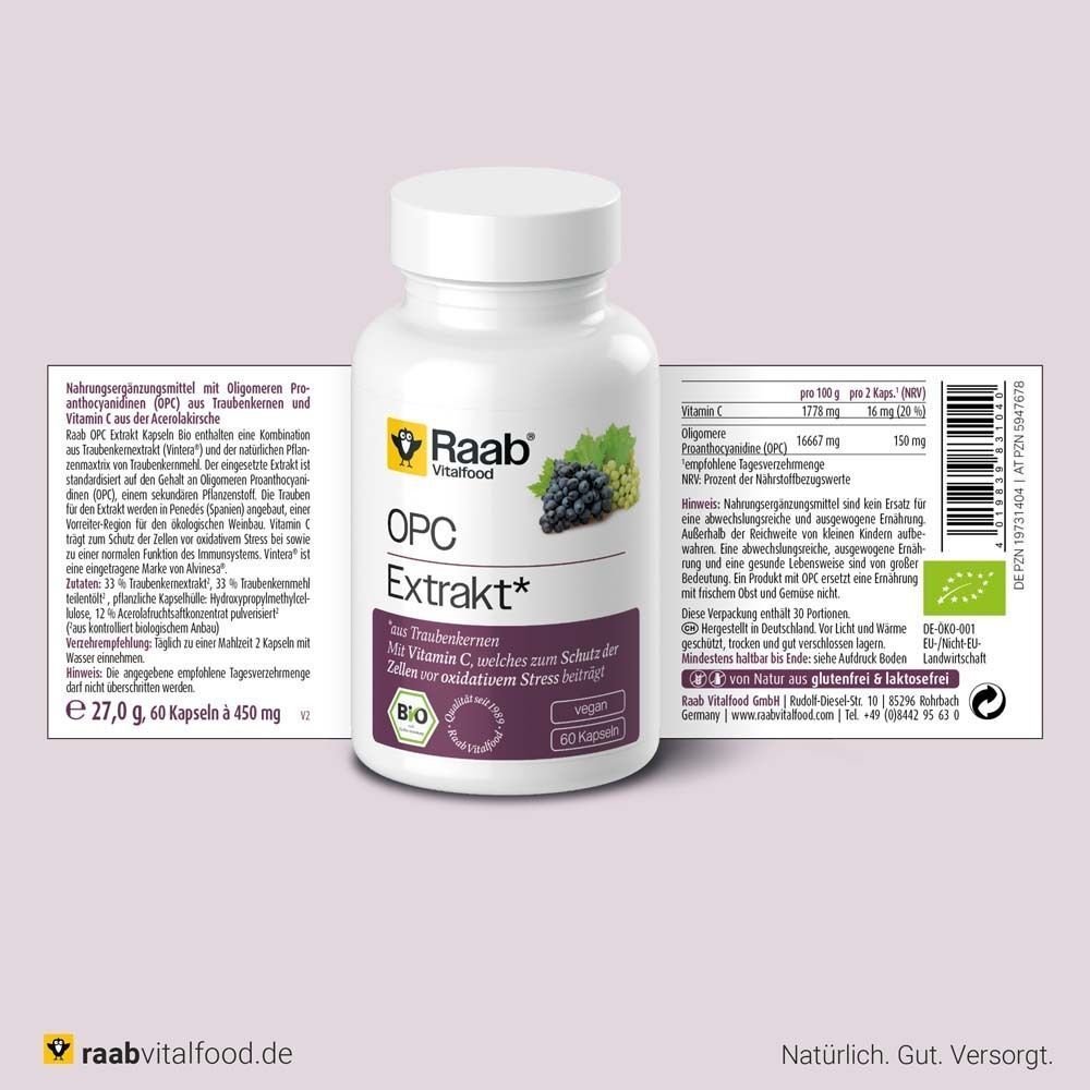 Weiße Flasche mit OPC Extrakt Kapseln. Aufschrift: Raab Vitalfood, OPC Extrakt, Bio. 60 Kapseln. Text: Nährwertangaben.