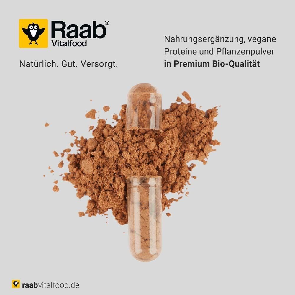 Braunes Pulver und Kapseln. Text: Nahrungsergänzung, vegane Proteine und Pflanzenpulver in Premium Bio-Qualität.