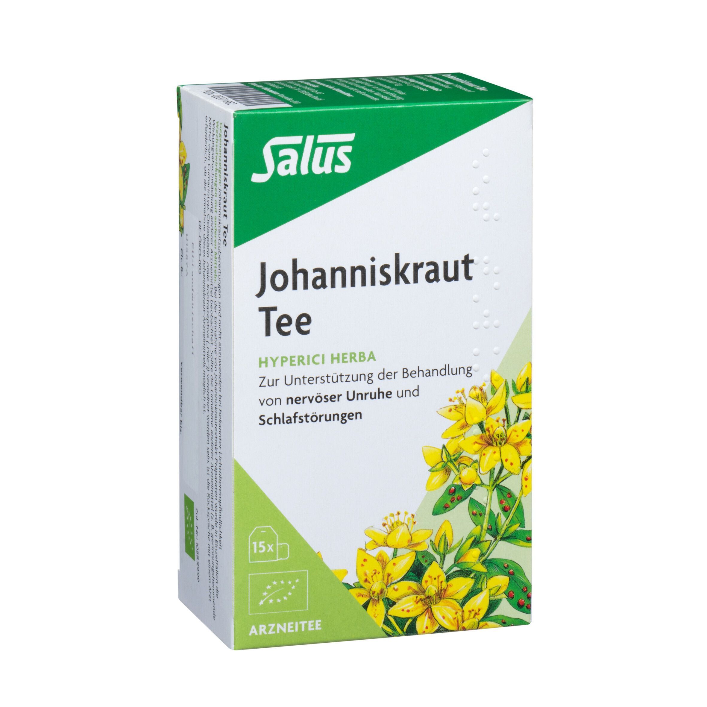 Packung Salus Johanniskraut Tee. Zeigt gelbe Blüten und Bio-Siegel. Für nervöse Unruhe und Schlafstörungen.