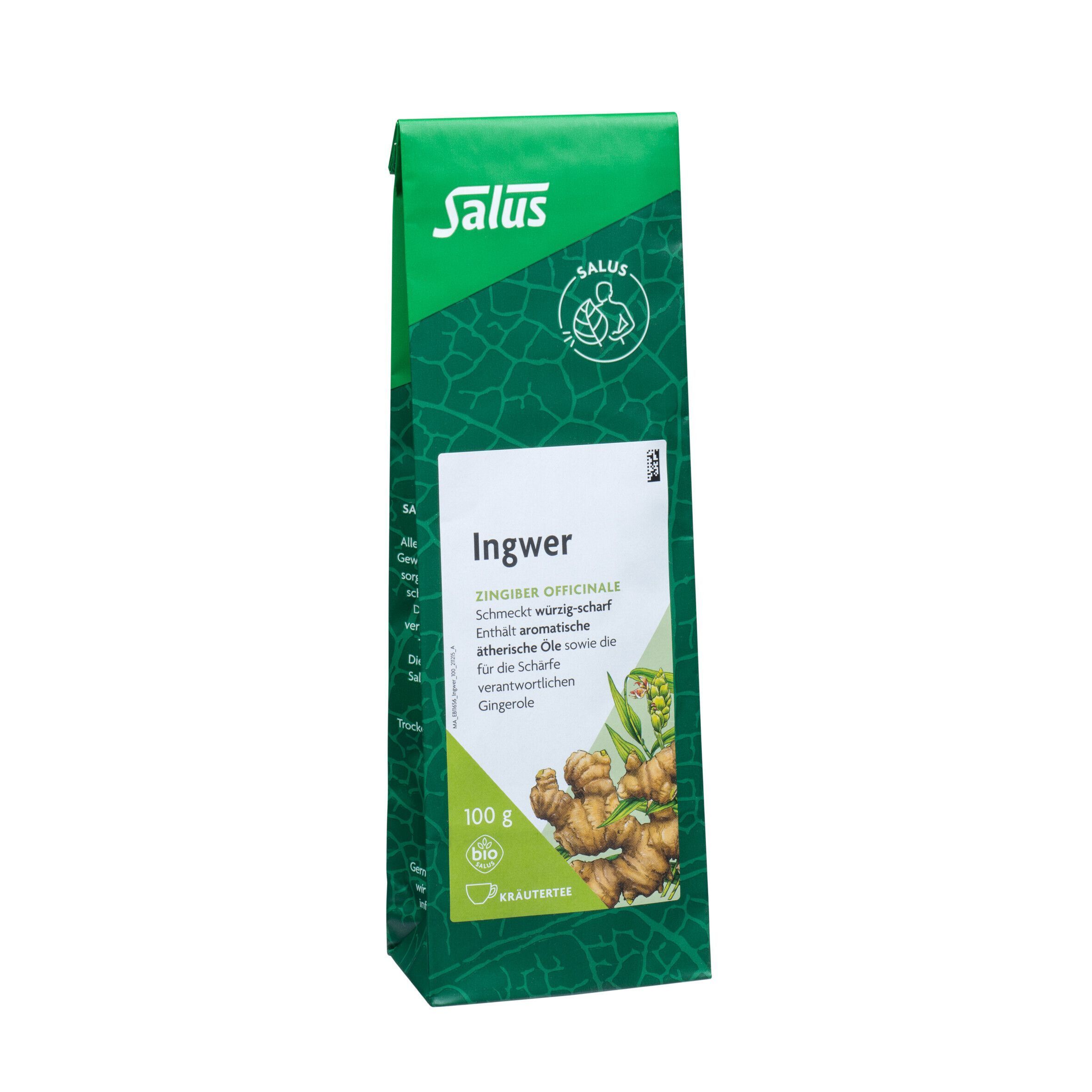 Grüne Packung Ingwertee mit Text und Logo. 100g, Bio-Siegel.