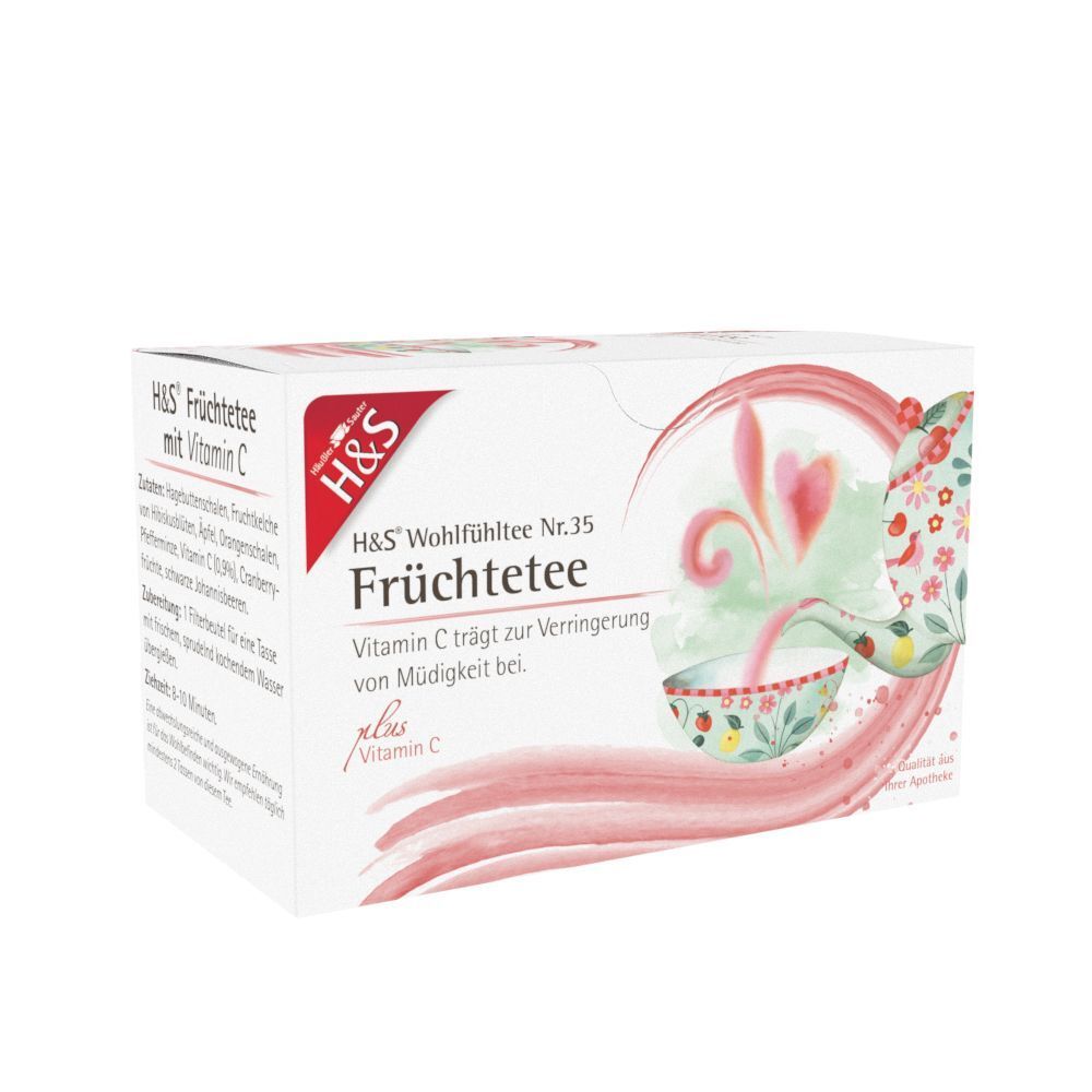 H&S Früchtetee-Packung. Weißer Karton mit roter und rosa Grafik. Text: H&S Wohlfühlttee Nr.35 Früchtetee, Vitamin C.
