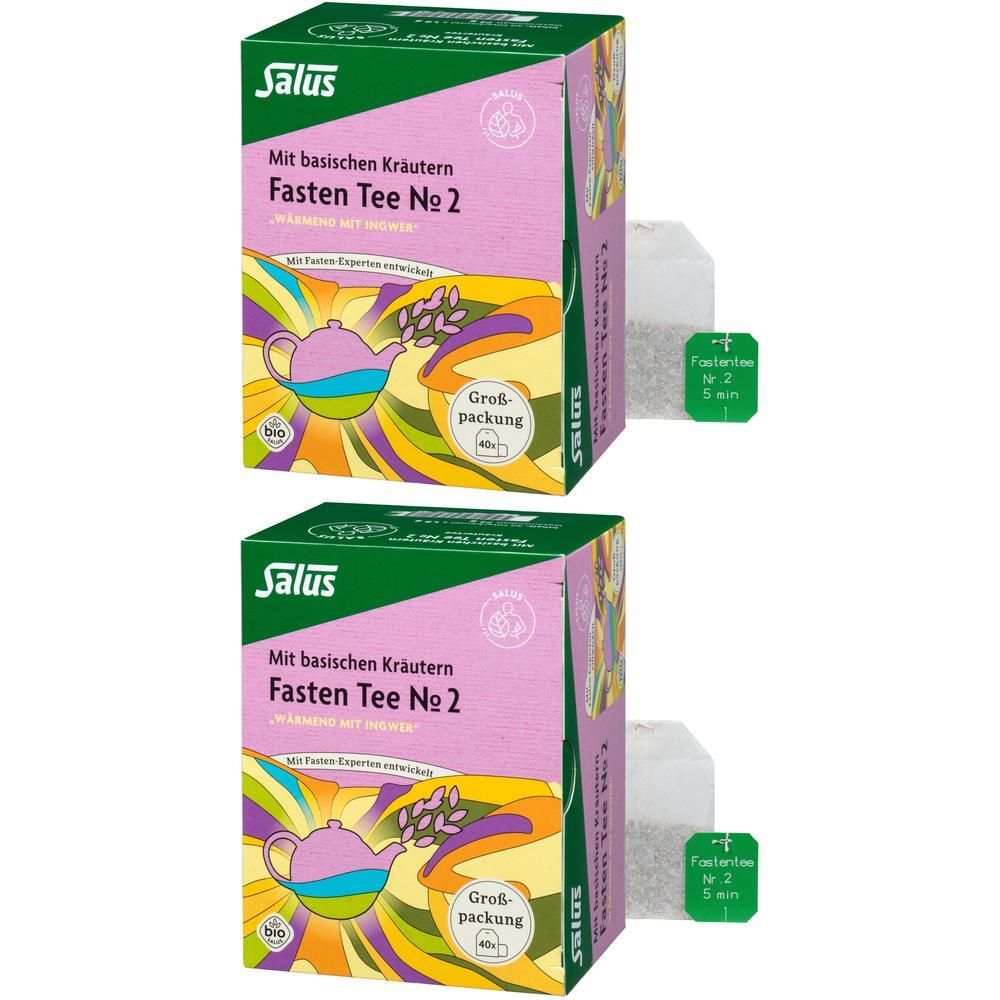 Zwei Kartons Salus Fastee Tee Nr. 2. Rosa Verpackung mit Teekanne-Illustration. Bio-Siegel. Filterbeutel daneben.