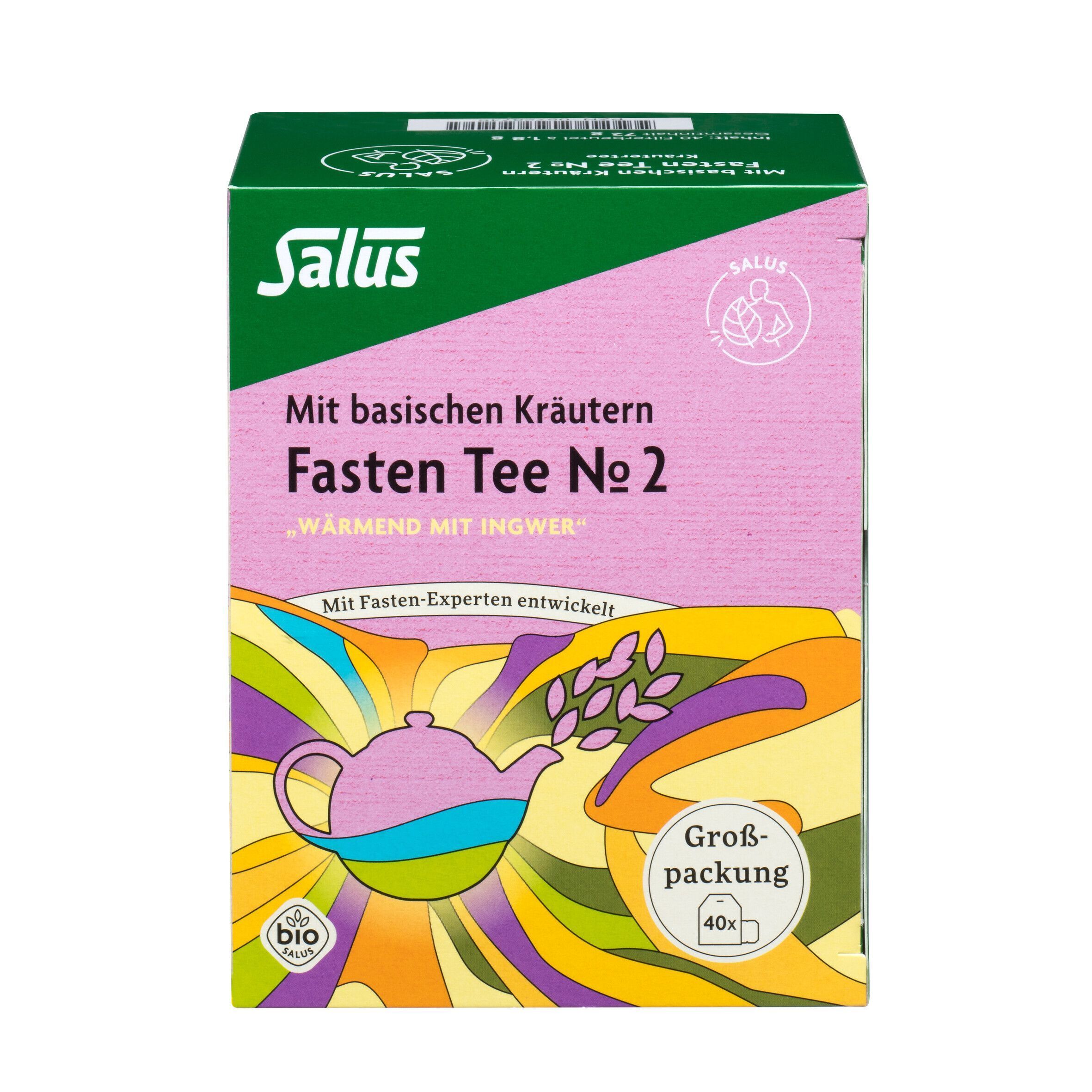 Salus Fastee Tee Nr. 2 Karton. Rosa Verpackung mit Teekanne-Illustration. Bio-Siegel. Großpackung 40 Beutel.