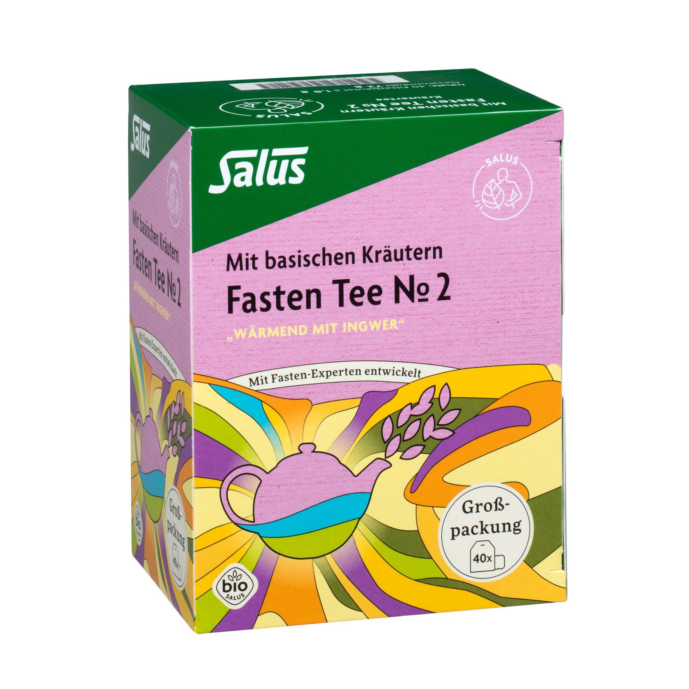 Salus Fastee Tee Nr. 2 Karton. Rosa Verpackung mit Teekanne-Illustration. Bio-Siegel. Großpackung 40 Beutel.
