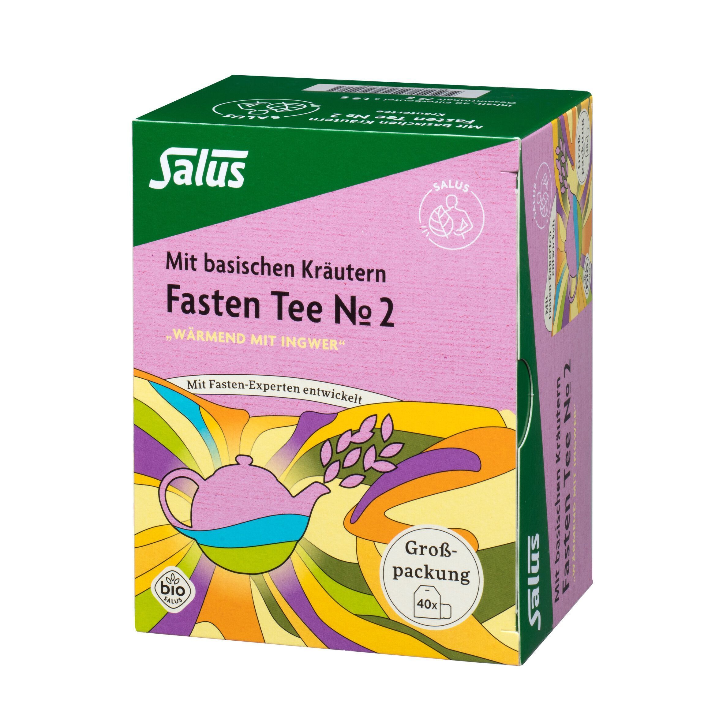 Salus Fastee Tee Nr. 2 Karton. Rosa Verpackung mit Teekanne-Illustration. Bio-Siegel. Großpackung 40 Beutel.