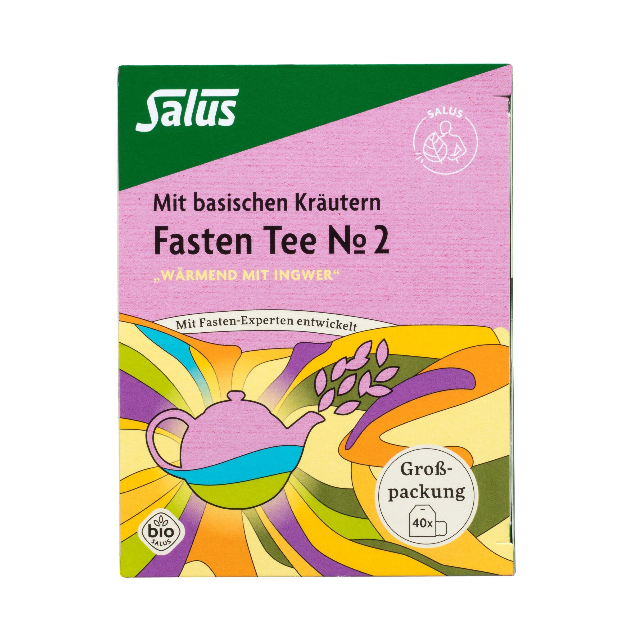 Salus Fastee Tee Nr. 2 Karton. Rosa Verpackung mit Teekanne-Illustration. Bio-Siegel. Großpackung 40 Beutel.