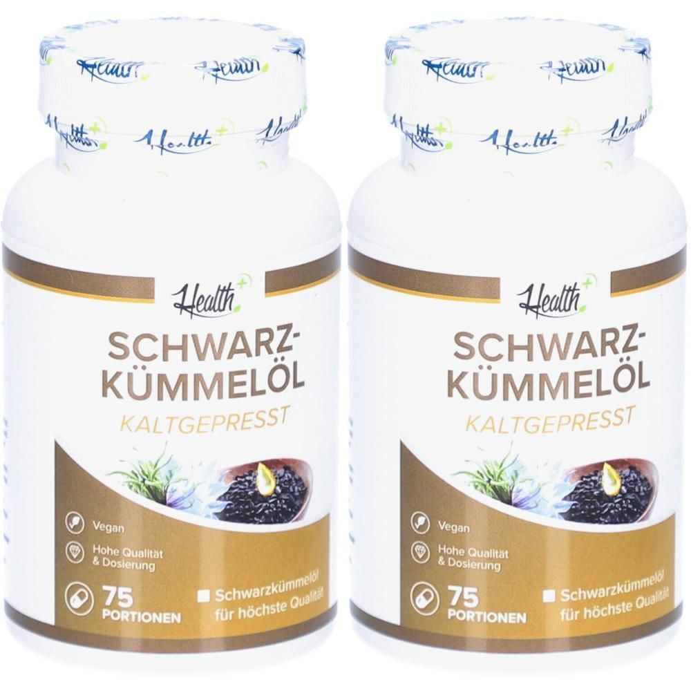 Zwei weiße Flaschen mit Etiketten. Aufschrift: Schwarz-Kümmelöl, kaltgepresst. Logo: Health+. 75 Portionen. Vegan.