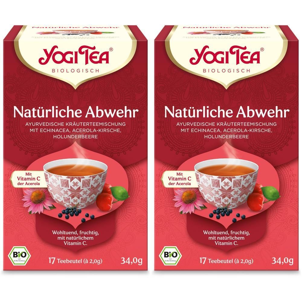 Zwei Packungen YOGI TEA NATUERLI ABWEHR Bio. Rote Verpackung mit Logo, Produktname und Inhaltsangaben. 17 Teebeutel, 34,0g.