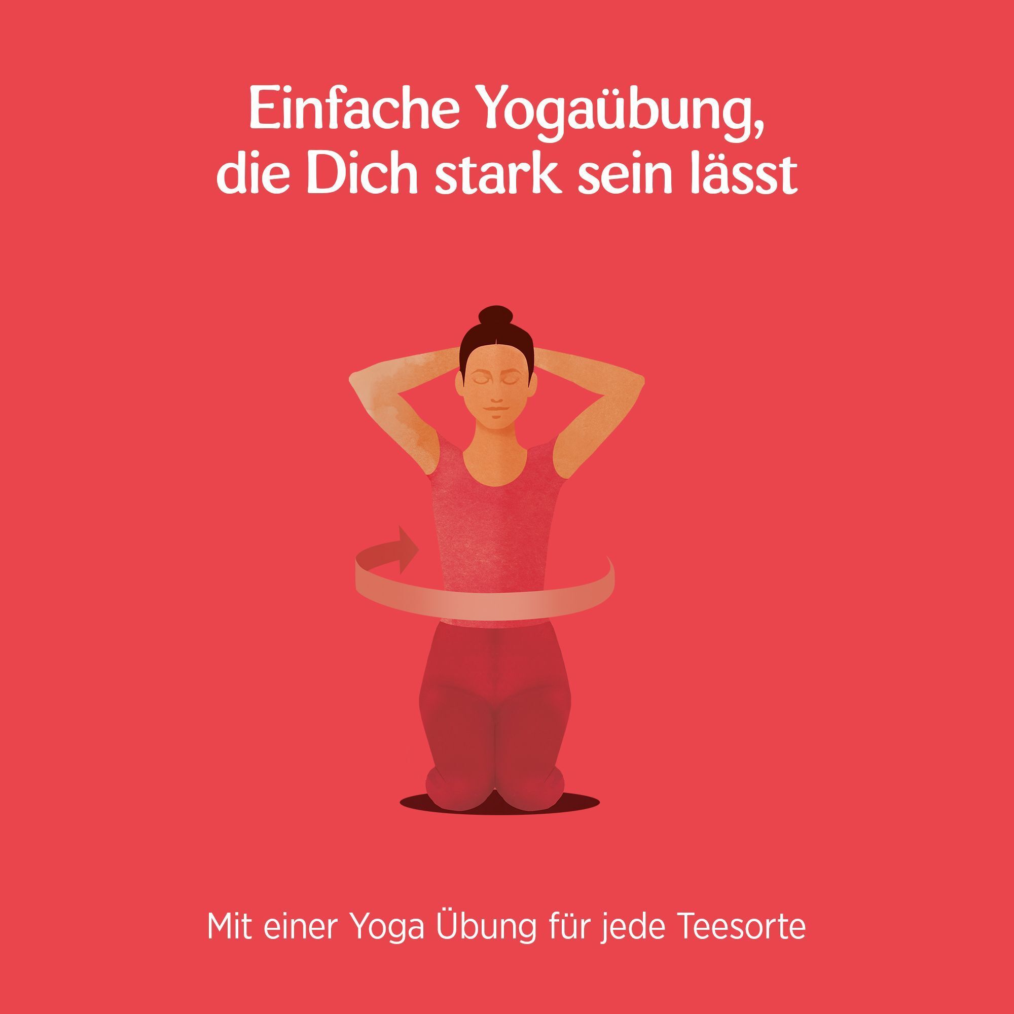 Illustration einer Yoga-Übung. Person in roter Kleidung, Hände am Kopf, umgeben von einem Pfeil. Roter Hintergrund.