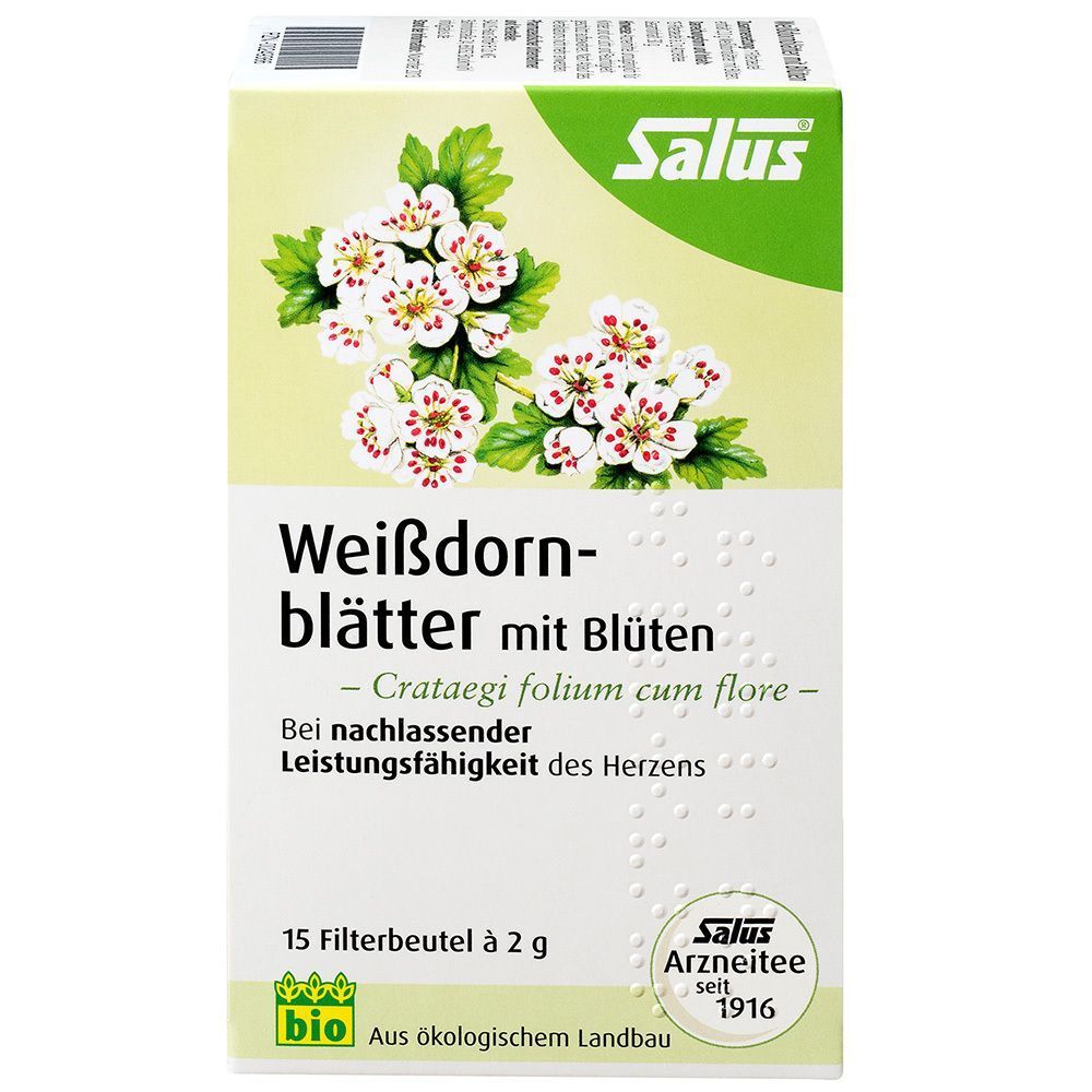 Packung Salus Weißdornblätter mit Blüten Tee, 15 Filterbeutel à 2g, Bio-Siegel.