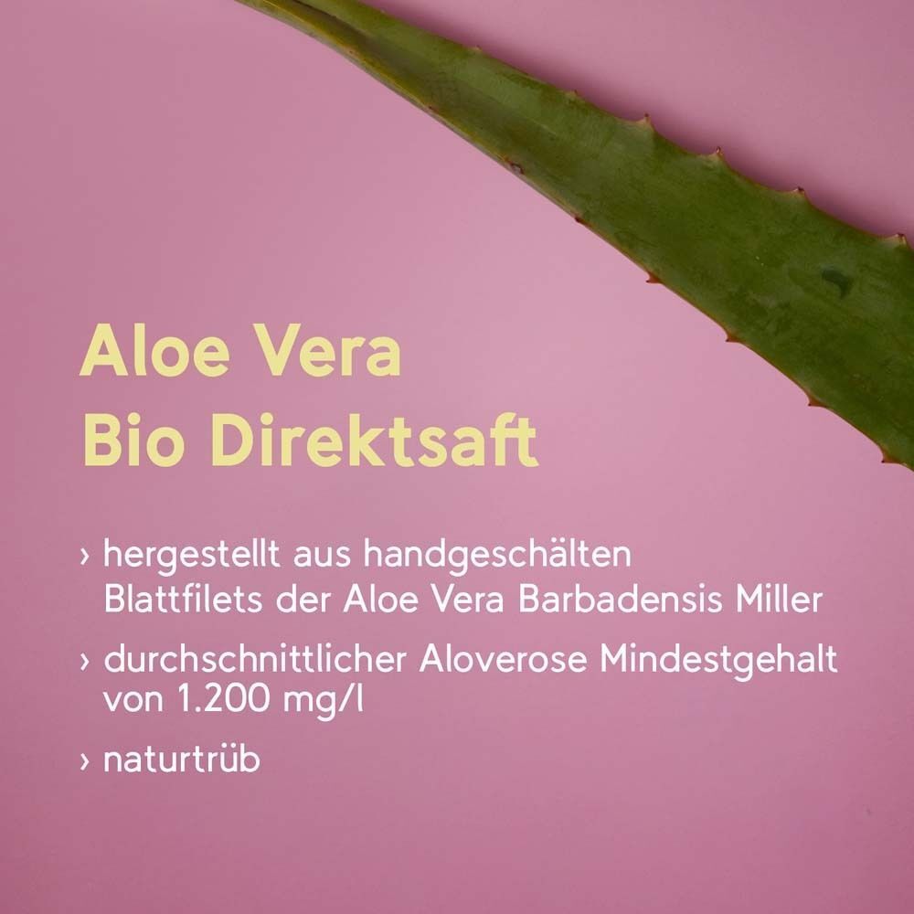 Nahaufnahme eines Aloe Vera Blattes mit Text über Bio Direktsaft, hergestellt aus handgeschälten Filets, 1200 mg Aloverose.