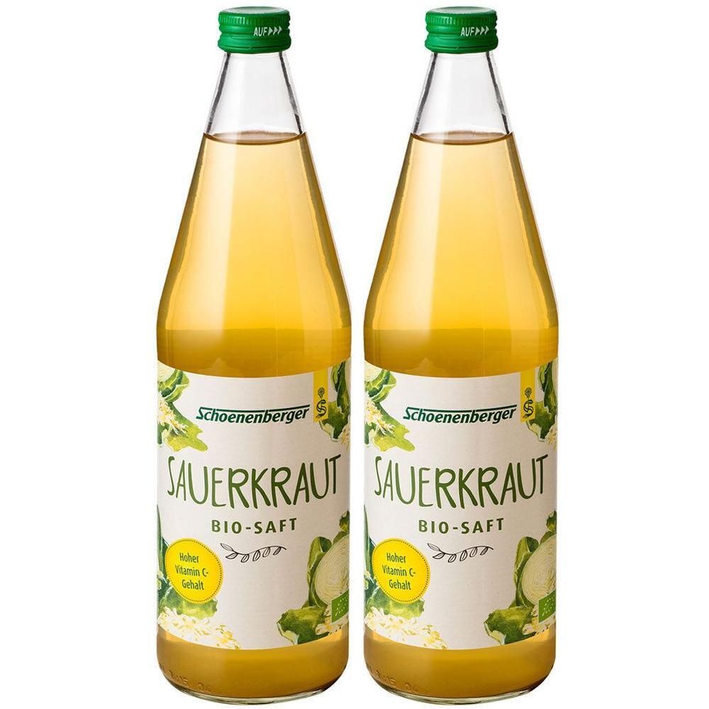 Zwei Glasflaschen Schoenenberger Sauerkraut Bio-Saft mit grünen Schraubverschlüssen. Das Etikett zeigt "Sauerkraut BIO-SAFT" und "Hoher Vitamin-C-Gehalt".
