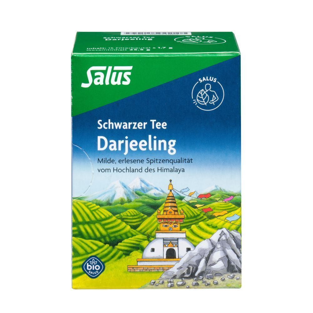 Salus Darjeeling Tee Packung. Grüne und blaue Verpackung mit Landschaftsbild. Bio-Siegel.