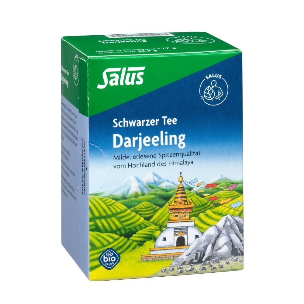 Salus Darjeeling Tee Packung. Grüne und blaue Verpackung mit Landschaftsbild. Bio-Siegel.