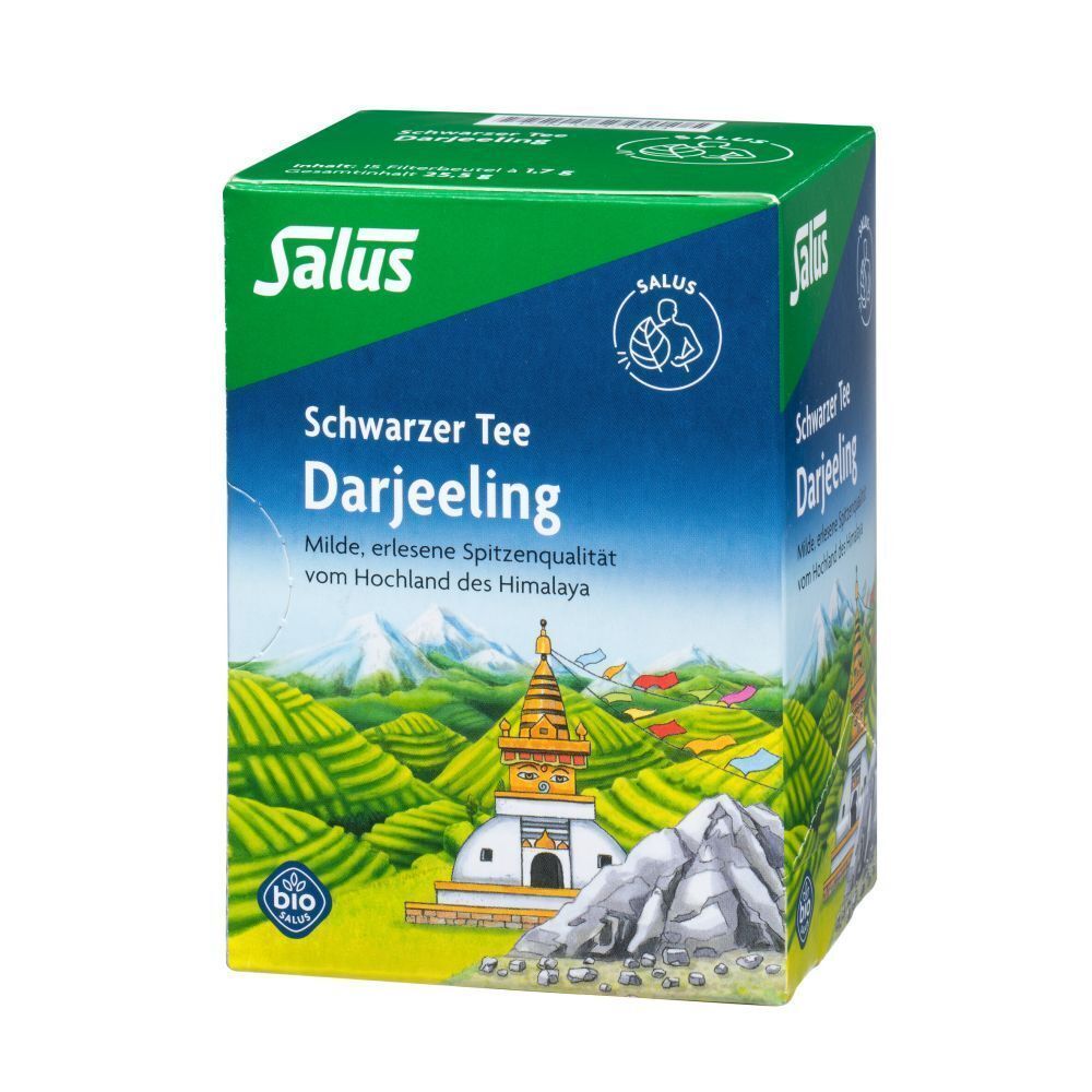 Salus Darjeeling Tee Packung. Grüne und blaue Verpackung mit Landschaftsbild. Bio-Siegel.