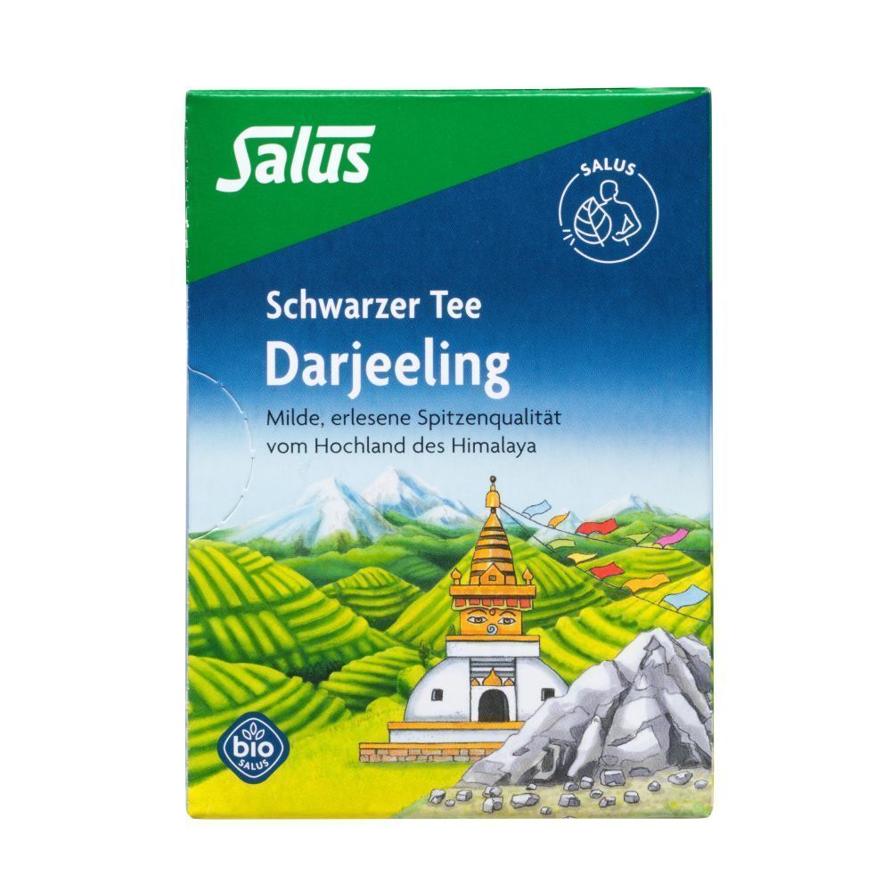 Salus Darjeeling Tee Packung. Grüne und blaue Verpackung mit Landschaftsbild. Bio-Siegel.