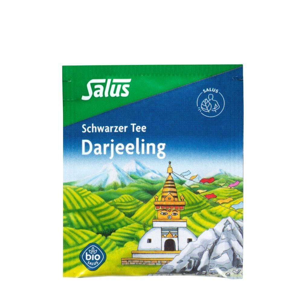 Salus Darjeeling Tee Einzelpackung. Grüne und blaue Verpackung mit Landschaftsbild. Bio-Siegel.