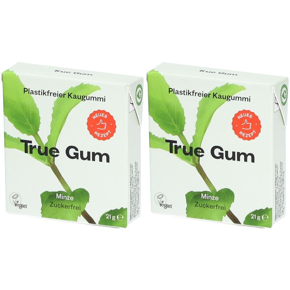 Zwei Packungen True Gum Kaugummi. Weiße Verpackung mit grünem Blattmotiv und Schriftzug. Enthält Minze und ist zuckerfrei. 21g.