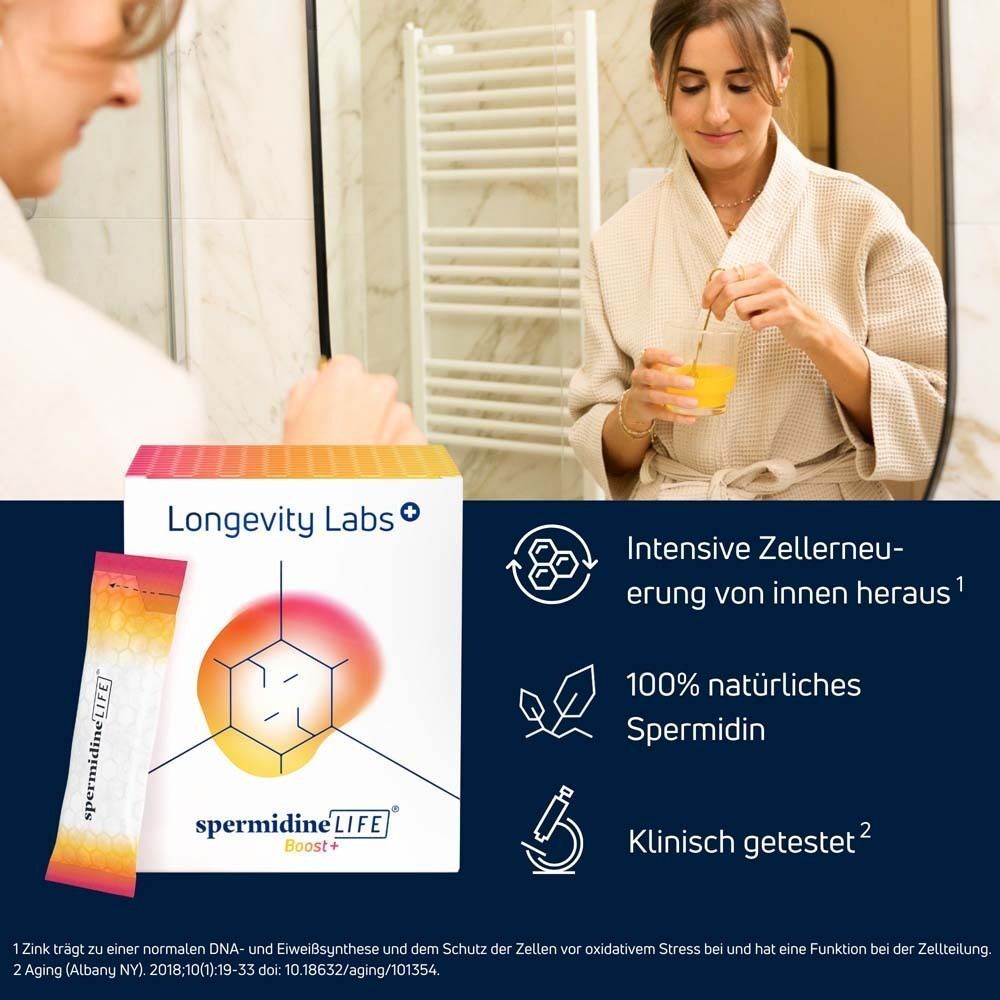 Frau im Bad, hält ein Glas. Links: Produktverpackung und Beutel. Text: "Intensive Zellerneuerung", "100% natürliches Spermidin".