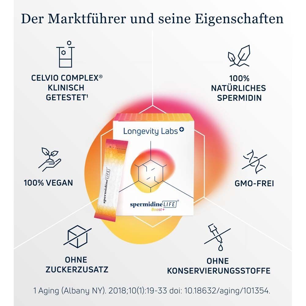 Produktverpackung und Beutel. Text: "CELVIO COMPLEX klinisch getestet", "100% vegan", "ohne Zuckerzusatz", "ohne Konservierungsstoffe".