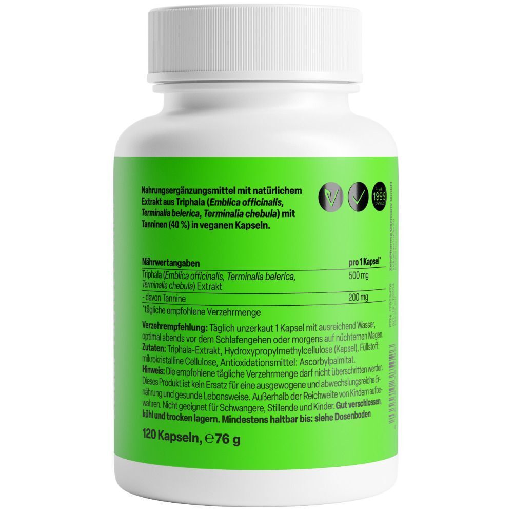 Rückansicht einer weißen Flasche mit grünem Etikett. Text: Nahrungsergänzungsmittel mit Triphala-Extrakt. 120 Kapseln, e76 g. Inhaltsangaben und Hinweise.