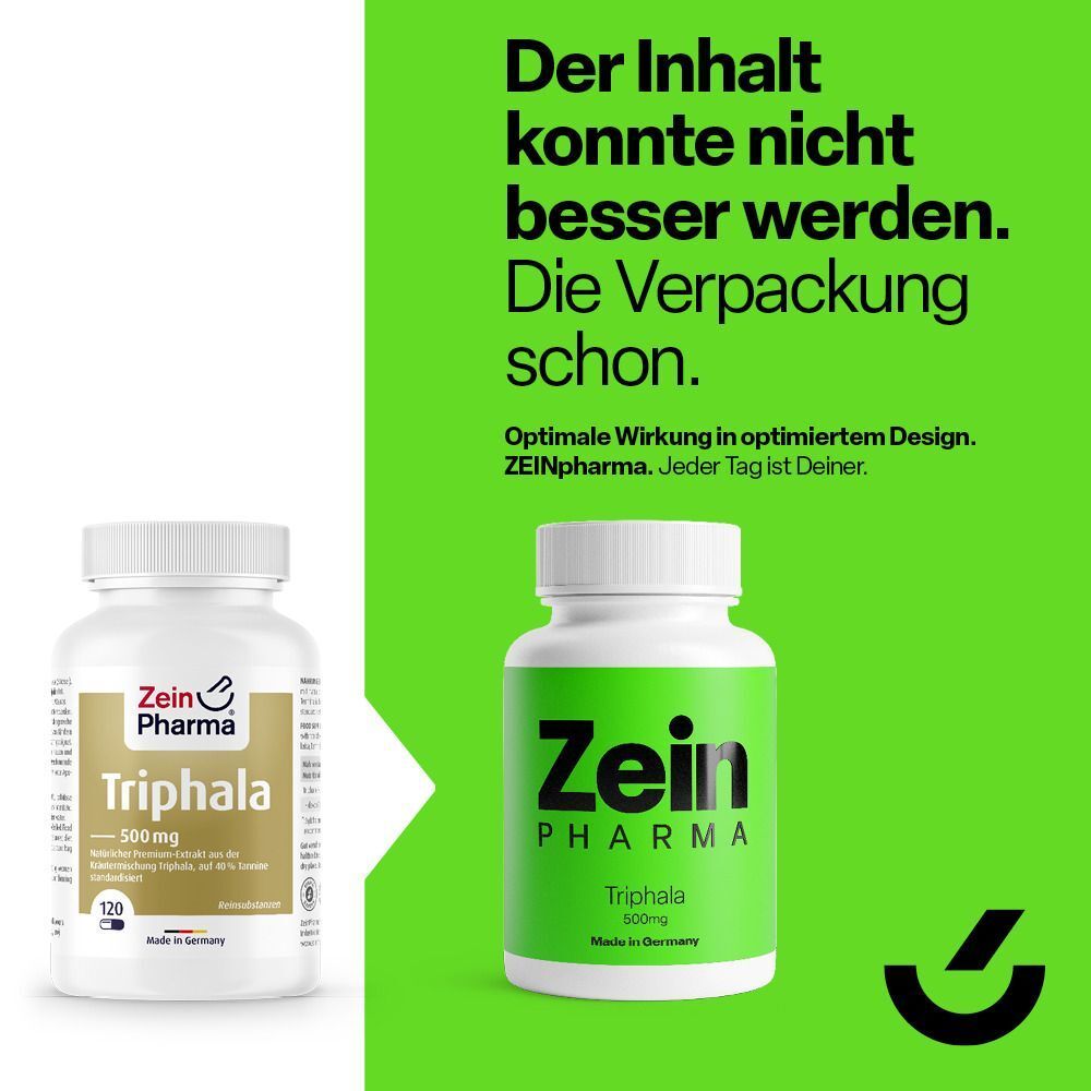 Zwei Flaschen Triphala, eine mit Etikett, eine ohne. Text: Der Inhalt konnte nicht besser werden. Die Verpackung schon. ZEIinpharma.