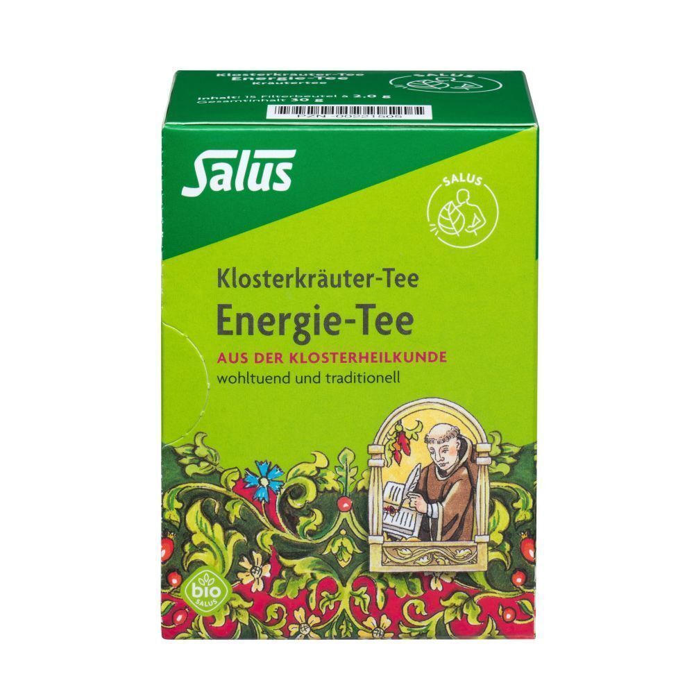 Grüne Verpackung von ENERGIE TEE SALUS Bio. Logo, Produktname und Abbildung eines Mönchs. Bio-Siegel.