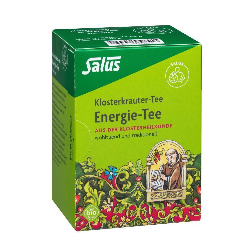 Grüne Verpackung von ENERGIE TEE SALUS Bio. Logo, Produktname und Abbildung eines Mönchs.