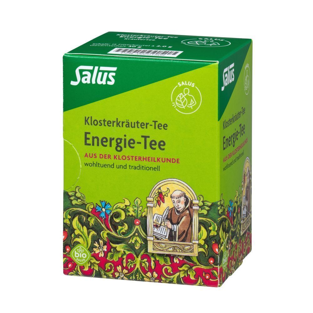 Grüne Verpackung von ENERGIE TEE SALUS Bio. Logo, Produktname und Abbildung eines Mönchs.