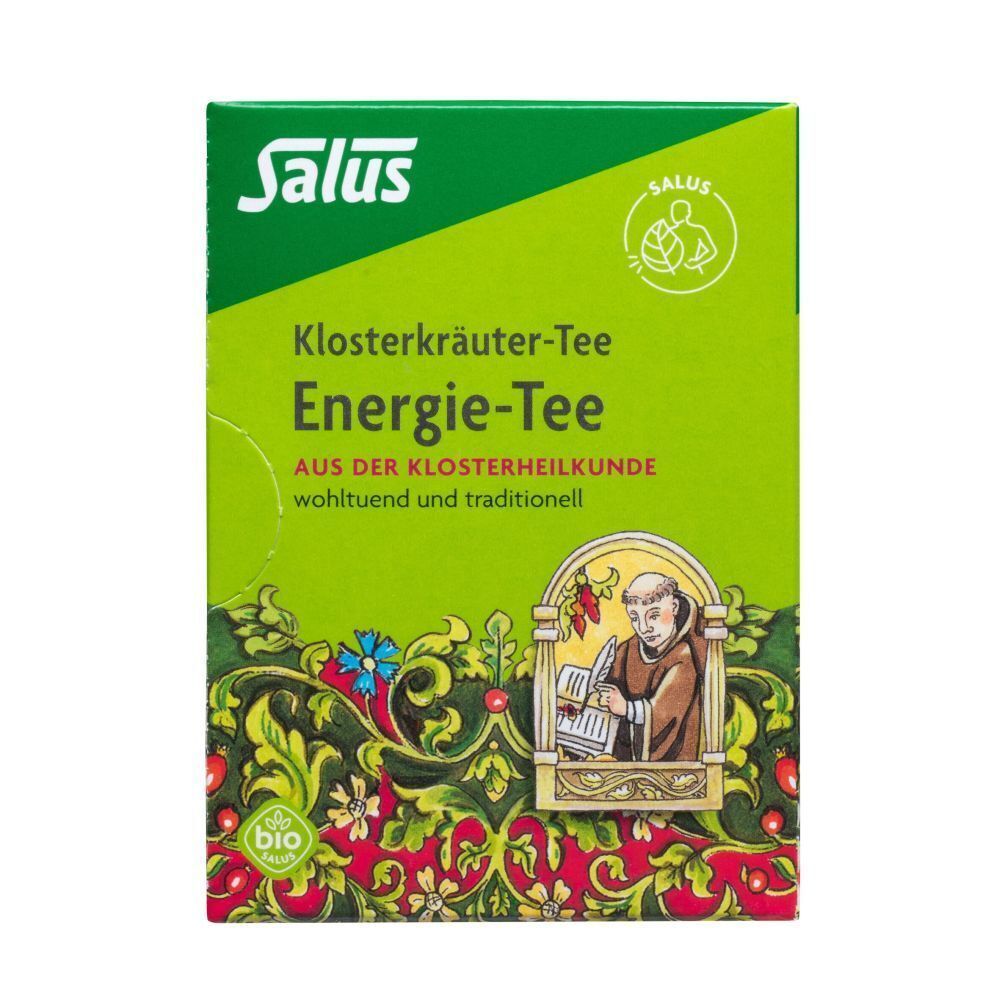 Grüne Verpackung von ENERGIE TEE SALUS Bio. Logo, Produktname und Abbildung eines Mönchs. Bio-Siegel.