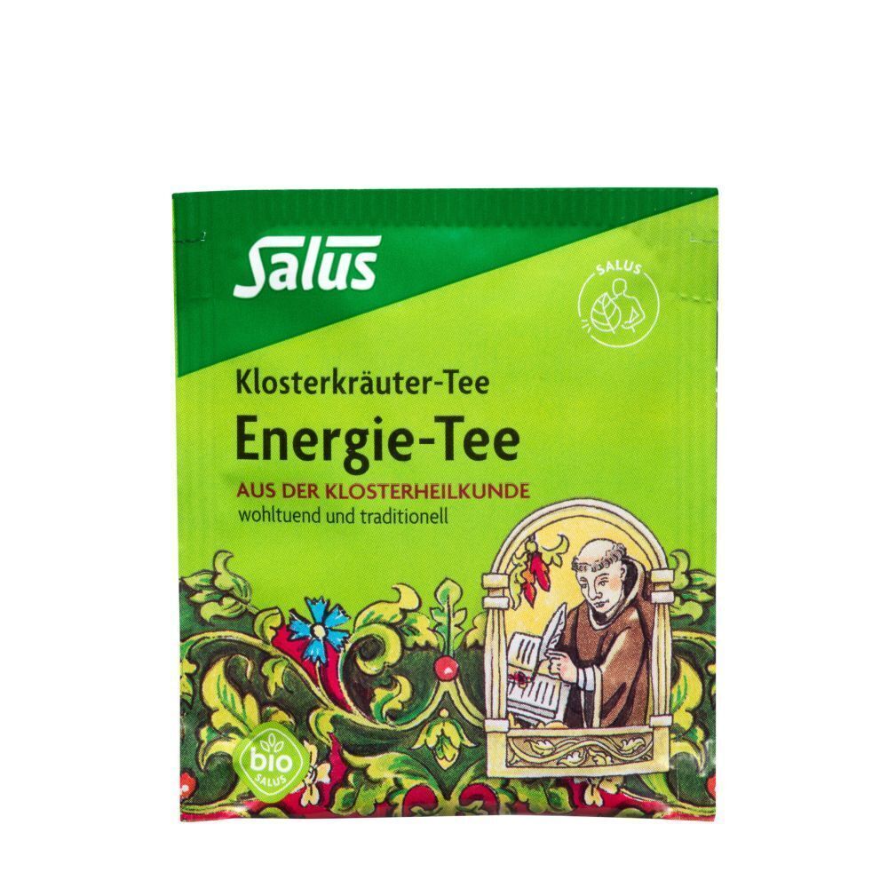 Grüne Verpackung von ENERGIE TEE SALUS Bio. Logo, Produktname und Abbildung eines Mönchs.