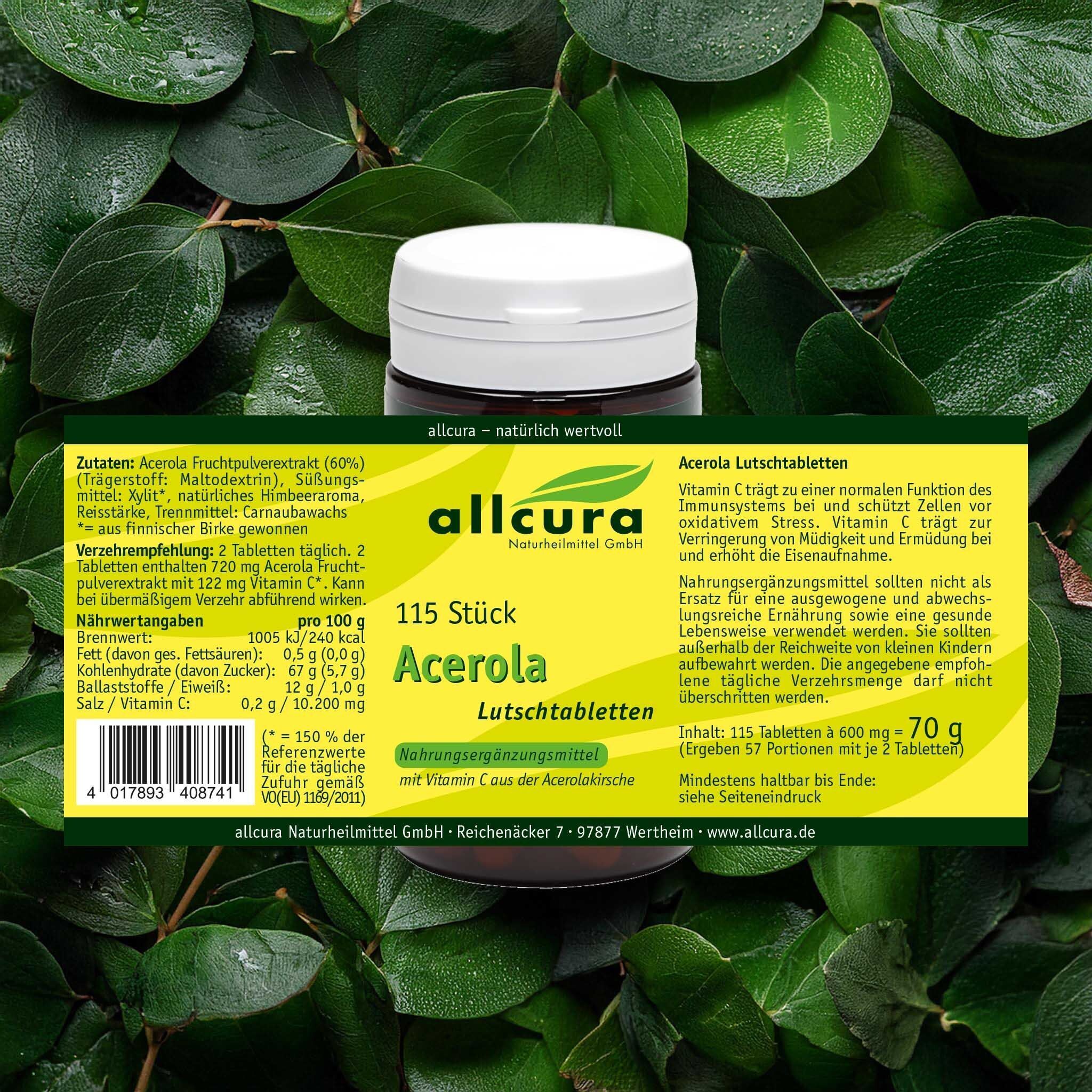 Eine Flasche Acerola Lutschtabletten mit Etikett. Aufschrift: allcura, Acerola Lutschtabletten, 115 Stück.
