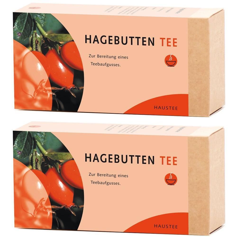 Zwei Kartons HAGEBUTTEN TEE. Aufdruck mit Produktname und Abbildung von Hagebutten. Hersteller: HAUSTEE.