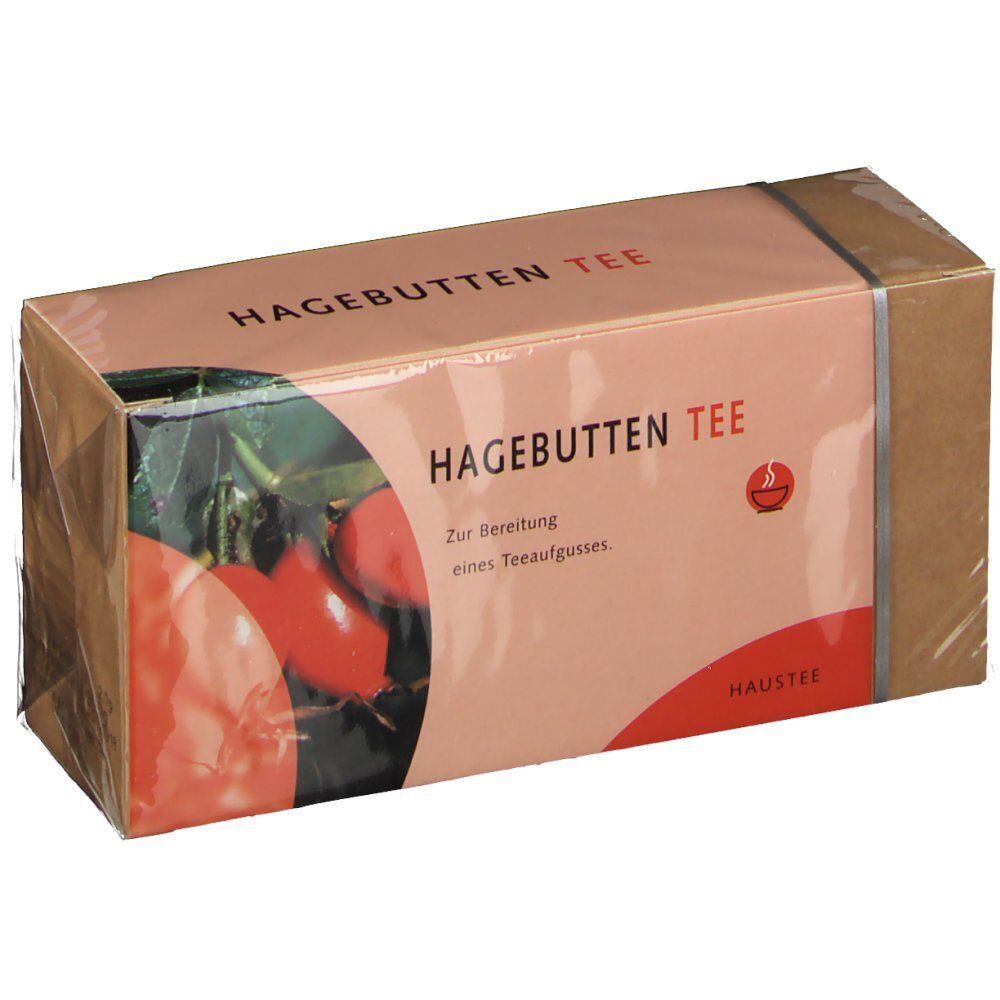 HAGEBUTTEN TEE Karton in Folie verpackt. Aufdruck mit Produktname und Hagebutten-Abbildung. Hersteller: HAUSTEE.