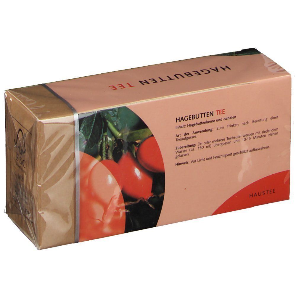 HAGEBUTTEN TEE Karton in Folie verpackt. Aufdruck mit Produktname, Hagebutten-Abbildung und Anwendungshinweisen.