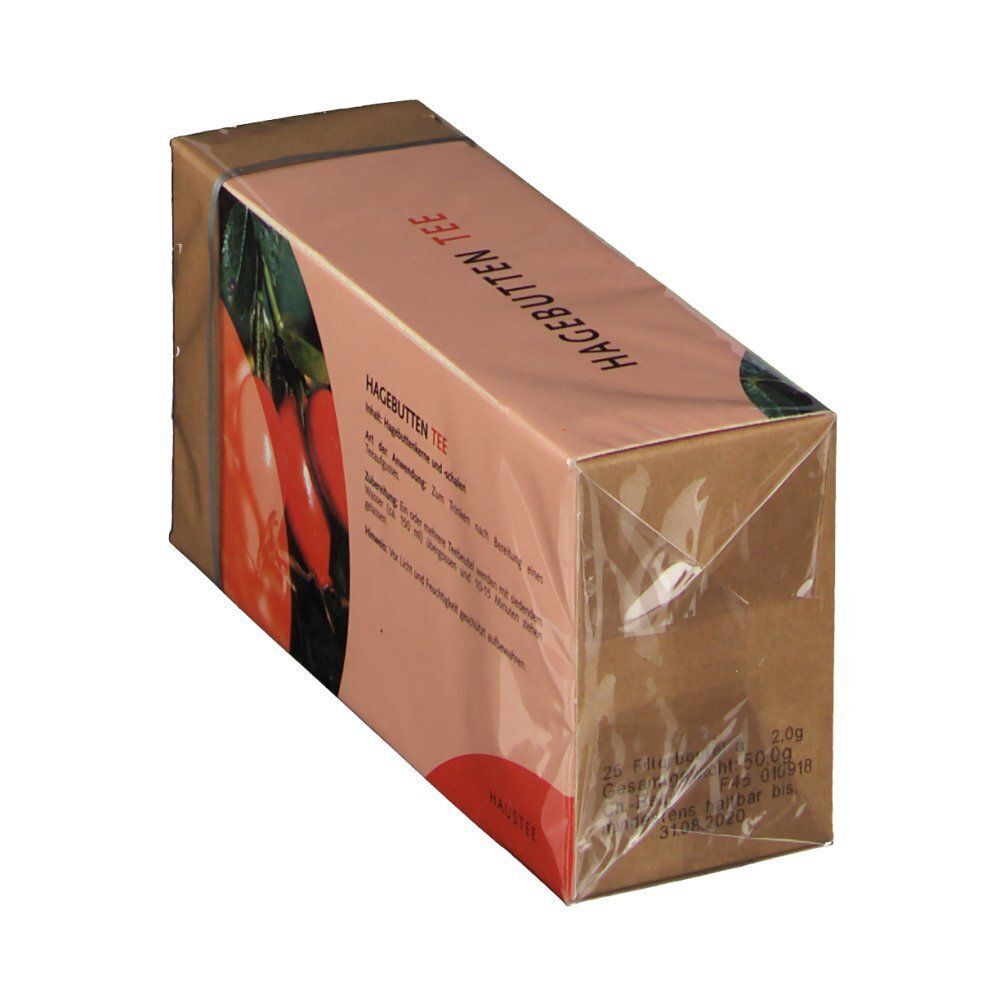 HAGEBUTTEN TEE Karton in Folie verpackt. Aufdruck mit Produktname und Hagebutten-Abbildung. Datumsangabe.