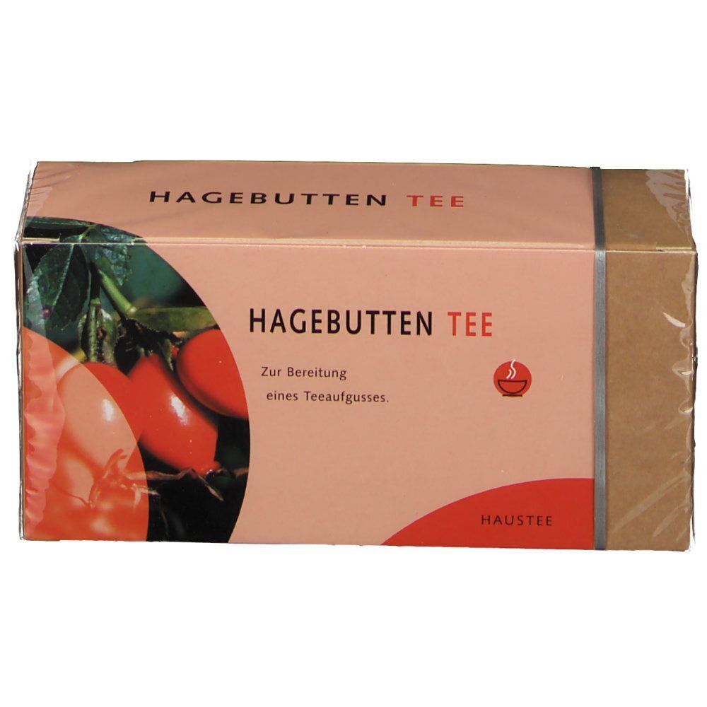 HAGEBUTTEN TEE Karton in Folie verpackt. Aufdruck mit Produktname und Hagebutten-Abbildung. Hersteller: HAUSTEE.