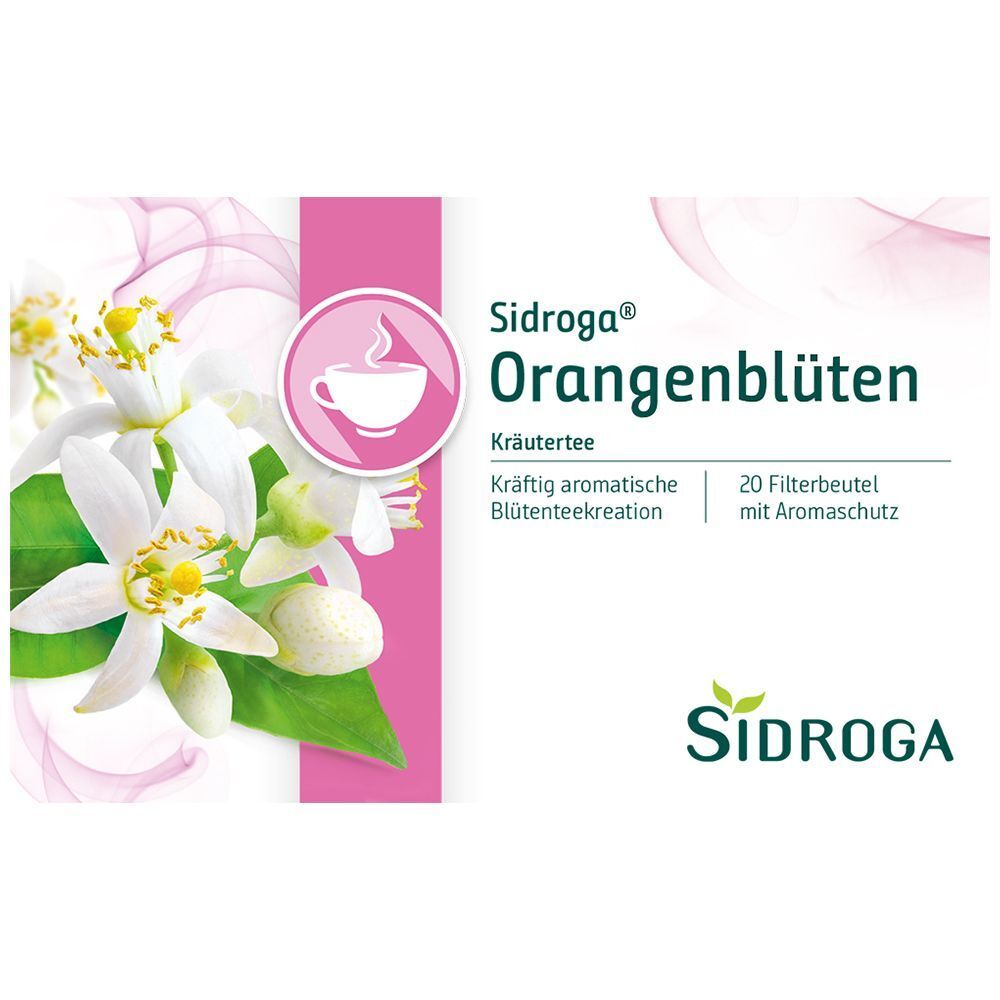 Eine Schachtel Sidroga® Orangenblüten Kräutertee mit 20 Filterbeuteln.