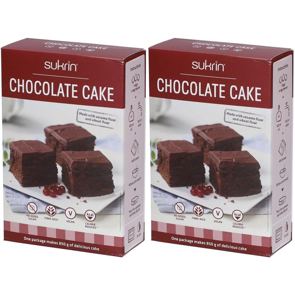 Zwei Kartons mit Schokomix. Aufschrift: Sukrin Chocolate Cake. Abgebildet: Schokoladenkuchenstücke. Vegan, zuckerfrei, ballaststoffreich.
