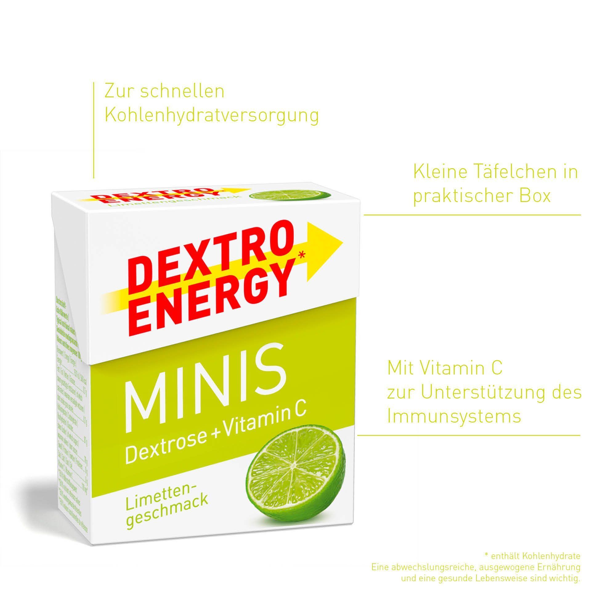 DEXTRO ENERGY minis Limette Packung. Weiße Verpackung mit grünem Streifen und Limetten-Abbildung. Schriftzug: MINIS, Dextrose + Vitamin C.