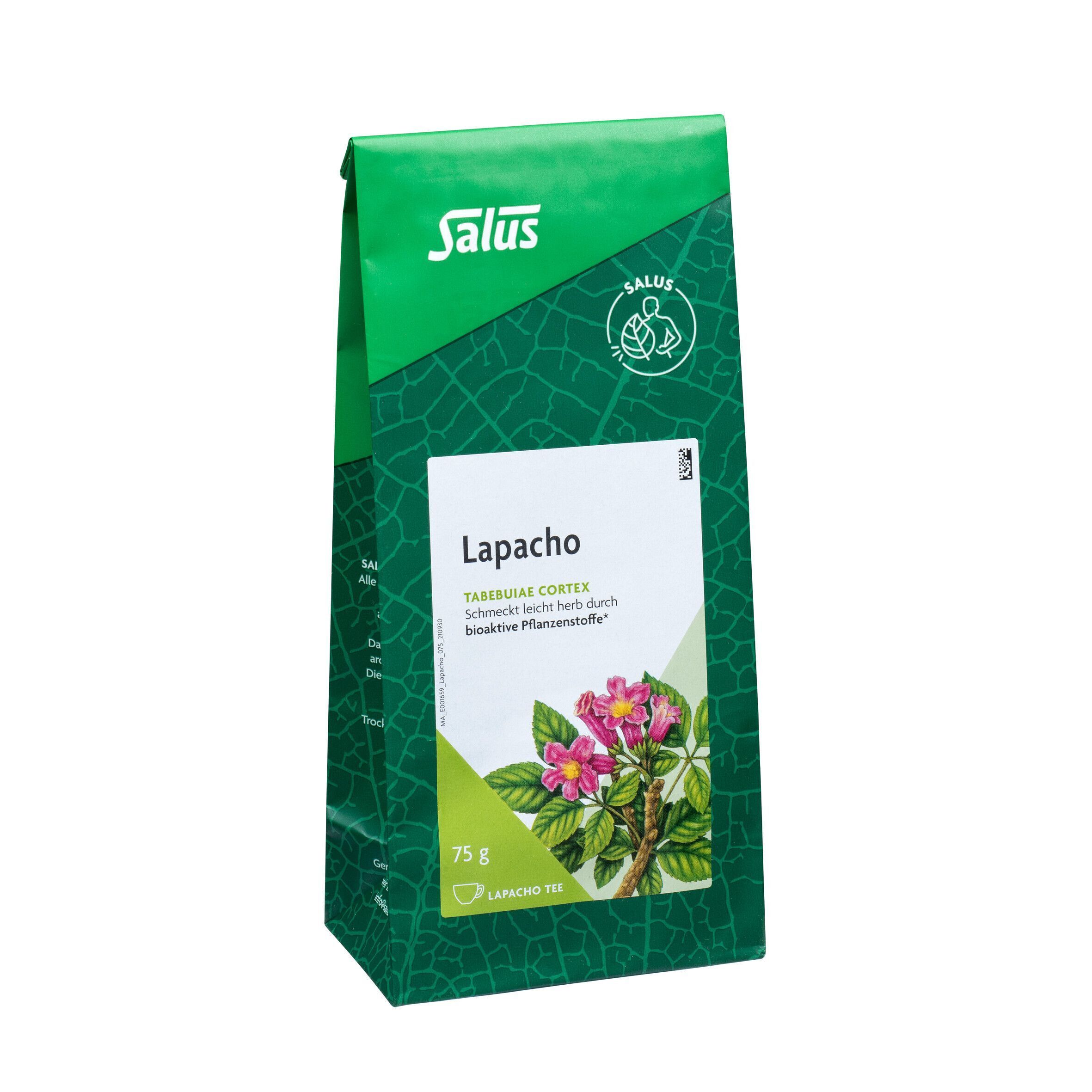 Eine einzelne Packung Salus Lapacho Tee mit 75g Inhalt und einer Abbildung der Blüte.