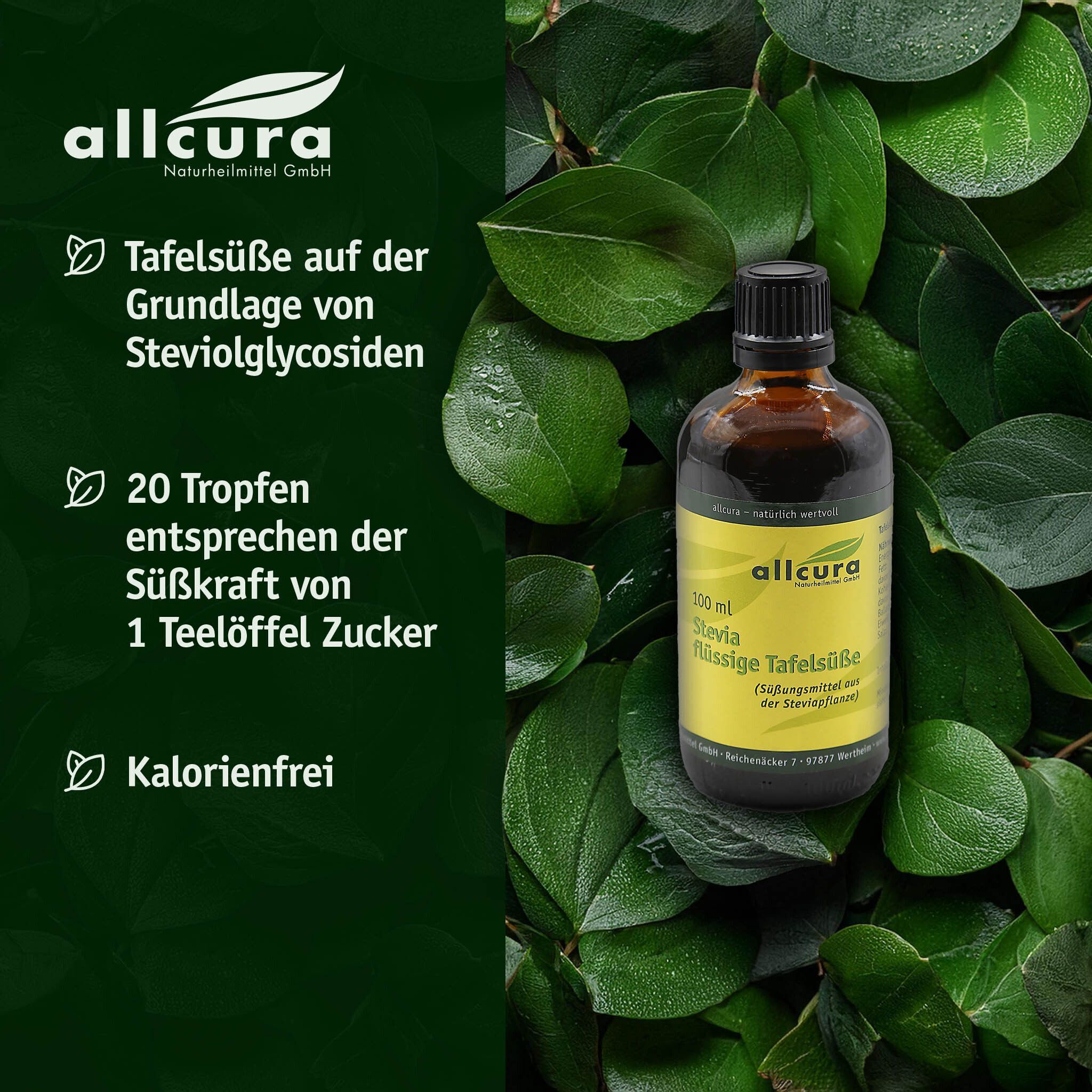 Flasche allcura Stevia flüssige Tafelsüße neben grünen Blättern. Text: Kalorienfrei.