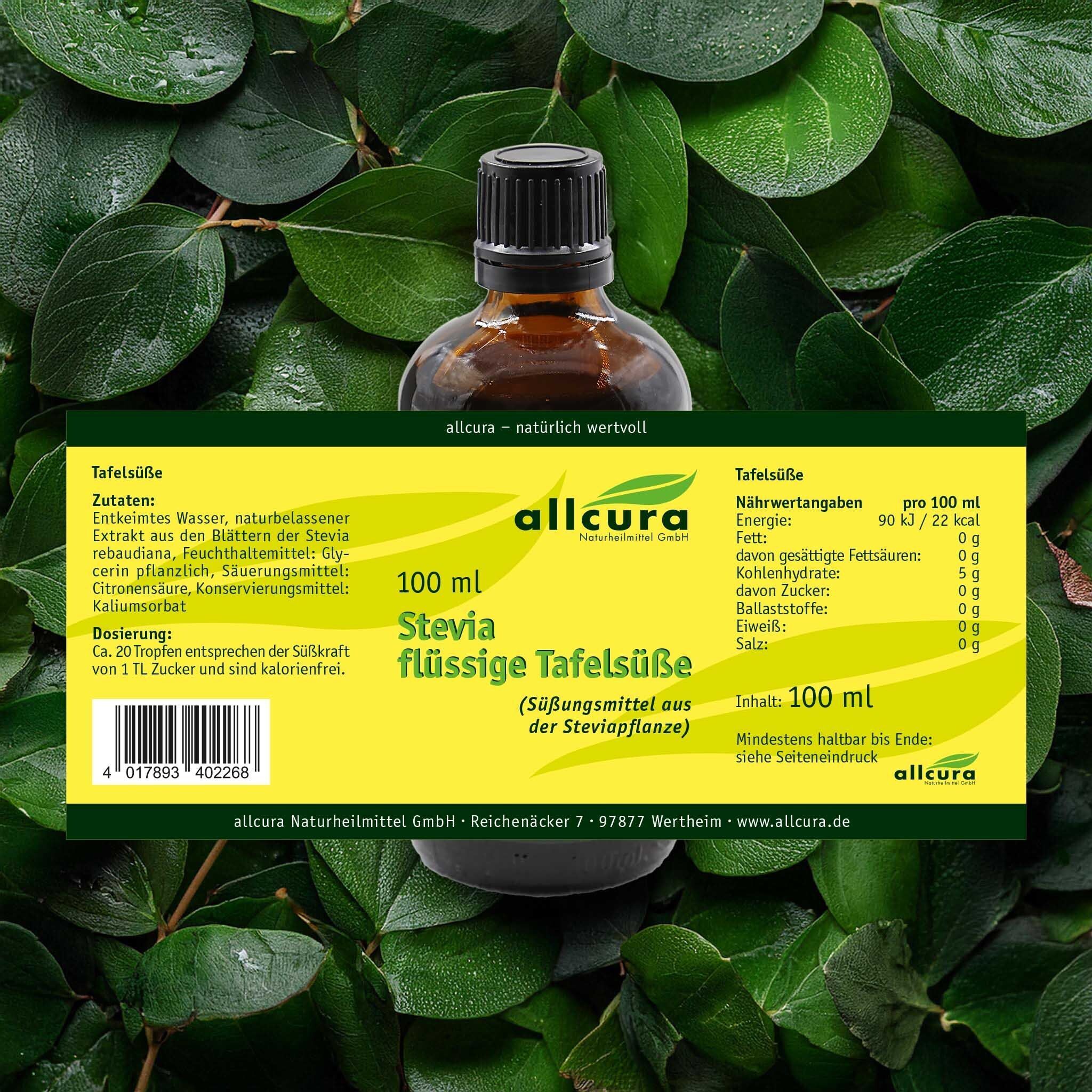 Rückseite einer Flasche allcura Stevia flüssige Tafelsüße mit Nährwertangaben.