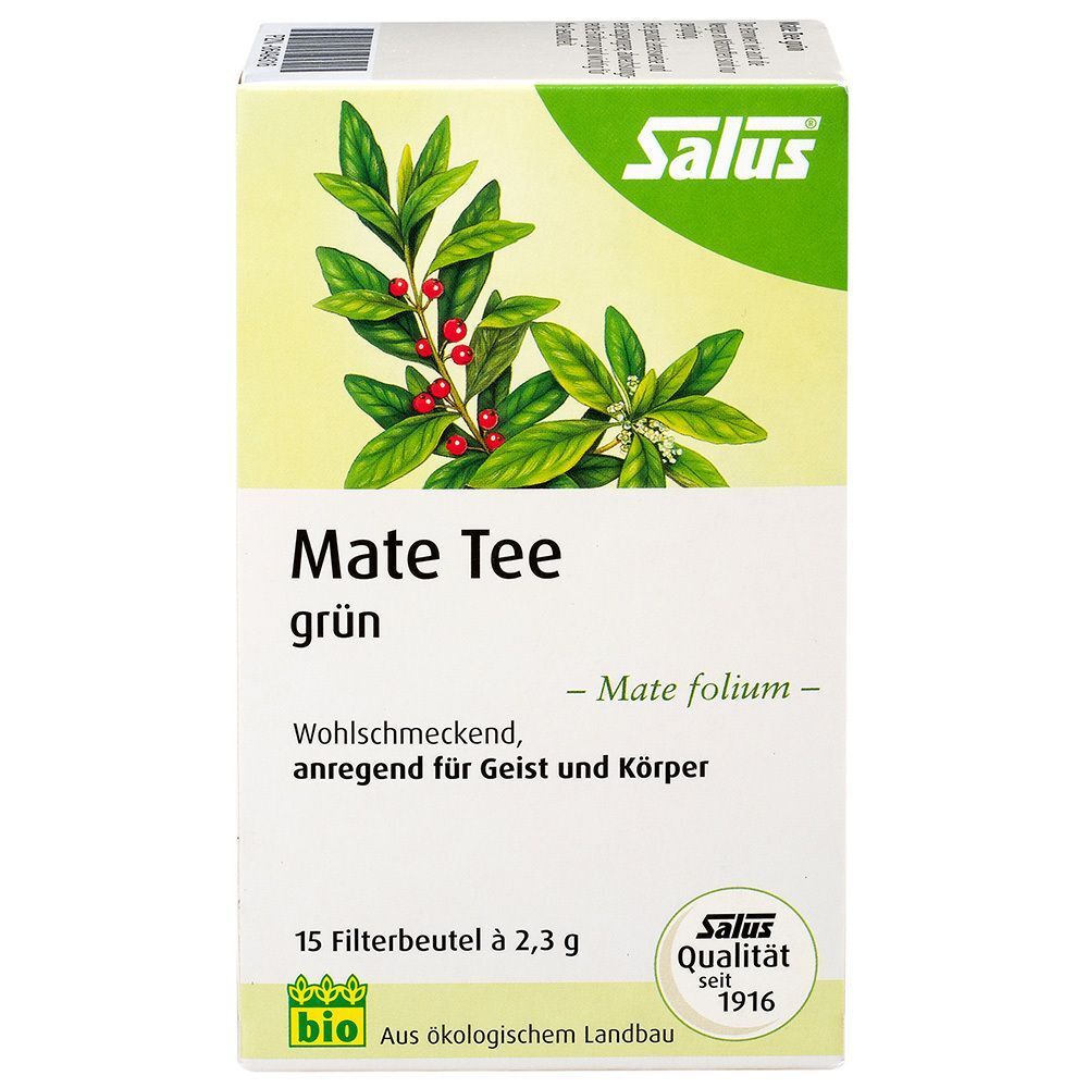 Salus Mate Tee grün Packung. Zeigt Blätter, rote Beeren und Text. 15 Filterbeutel à 2,3 g. Bio-Zertifizierung. Salus Qualität seit 1916.