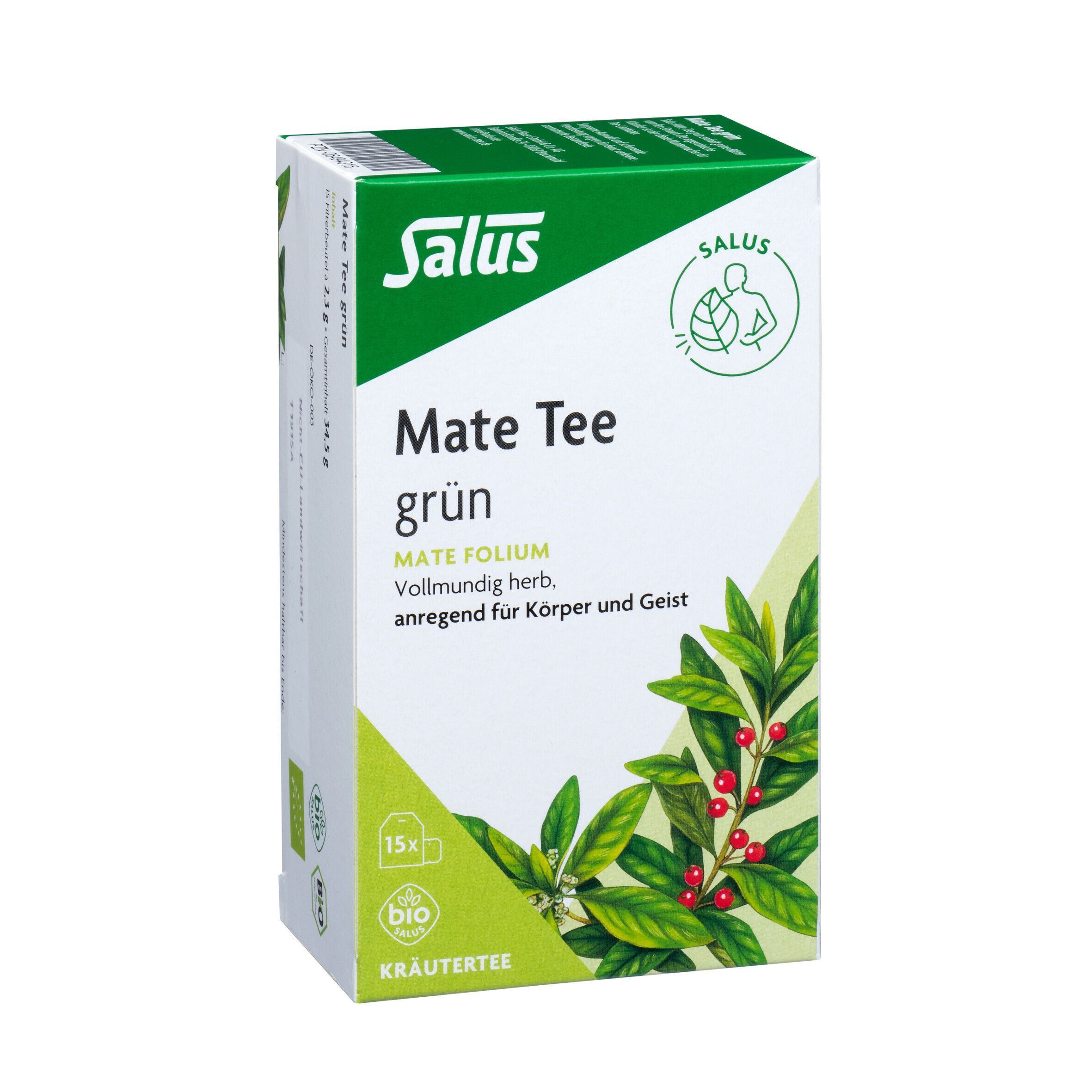 Salus Mate Tee grün Packung. Zeigt eine Packung mit 15 Teebeuteln. Bio-Zertifizierung. Kräutertee.