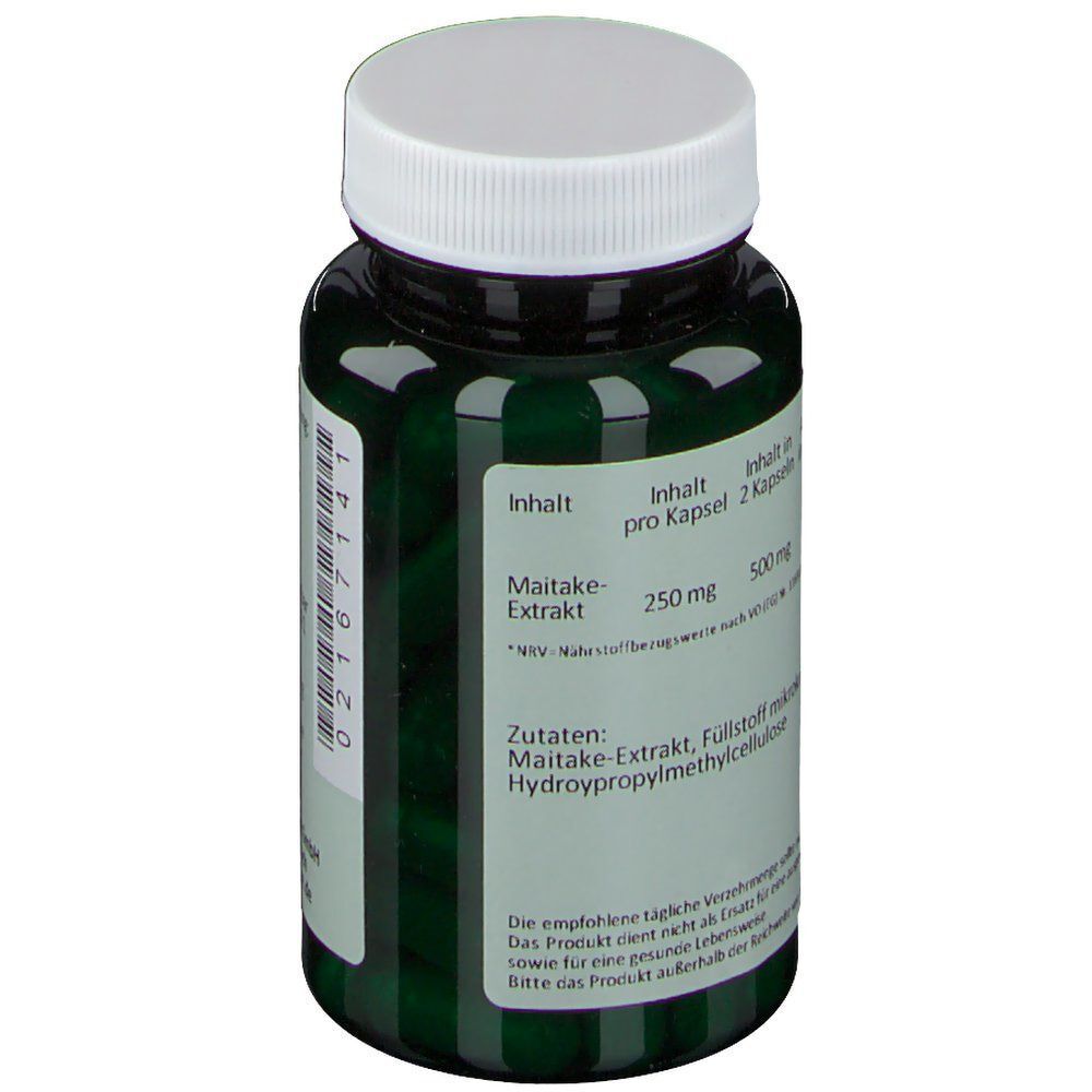 Grüne Flasche mit weißem Deckel. Aufschrift: Maitake-Extrakt 250 mg pro Kapsel. Zutaten: Maitake-Extrakt, Füllstoff, Hydroxypropylmethylcellulose.